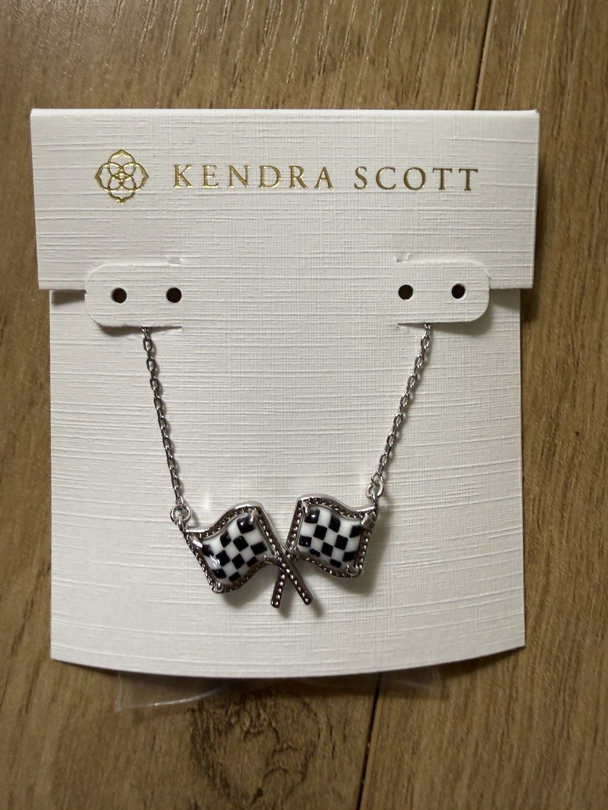 Kendra Scott Silver Tone Checkered Flag Charm Pendant Necklace, Cable Chain