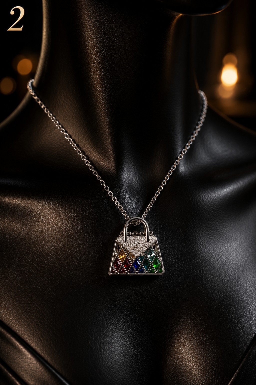 Silver Tone Crystal Handbag Purse Pendant Necklace Rainbow Rhinestone Gift
