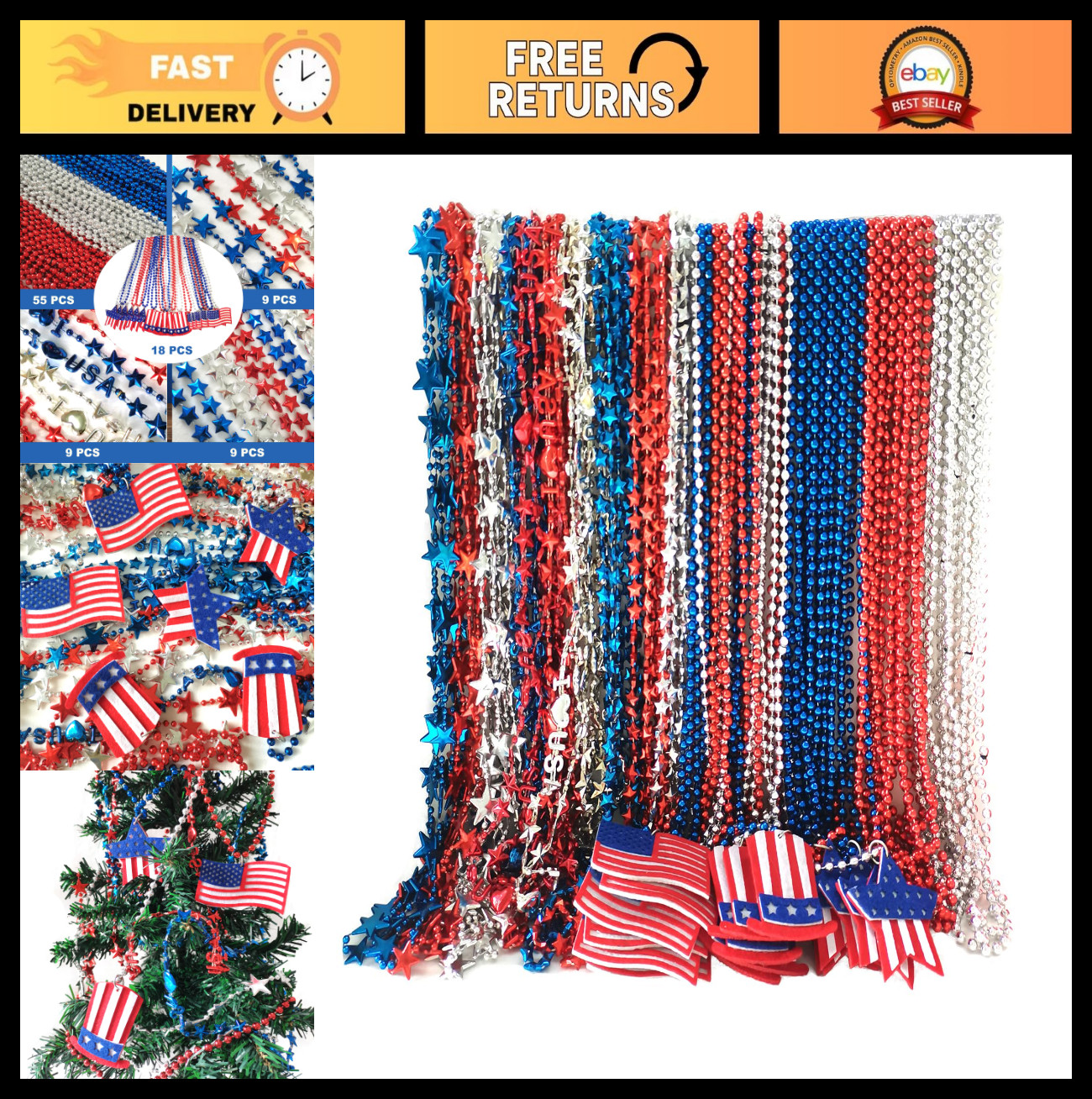 100 Pcs Patriotic Bead Necklaces – Red, White & Blue Parade Accessories for 4th