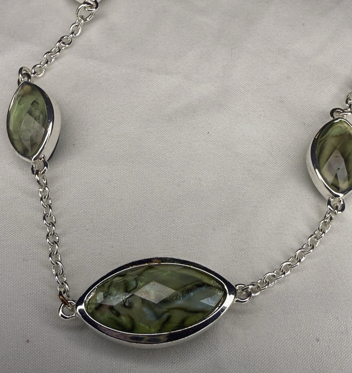 Swarovski 32″ Abalone Shell Crystal Station Necklace Signed Swan Logo Flush Set