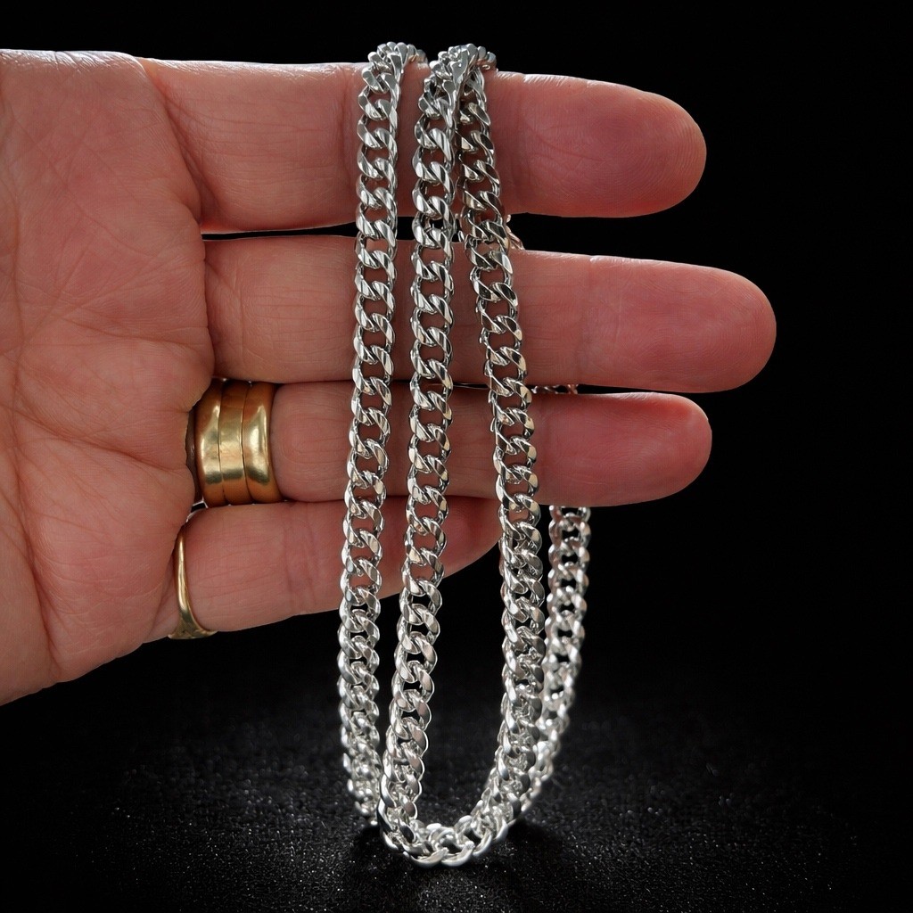 Silver Tone Curb Chain Necklace Polished Flat Link Unisex Jewelry 18″ Comfort