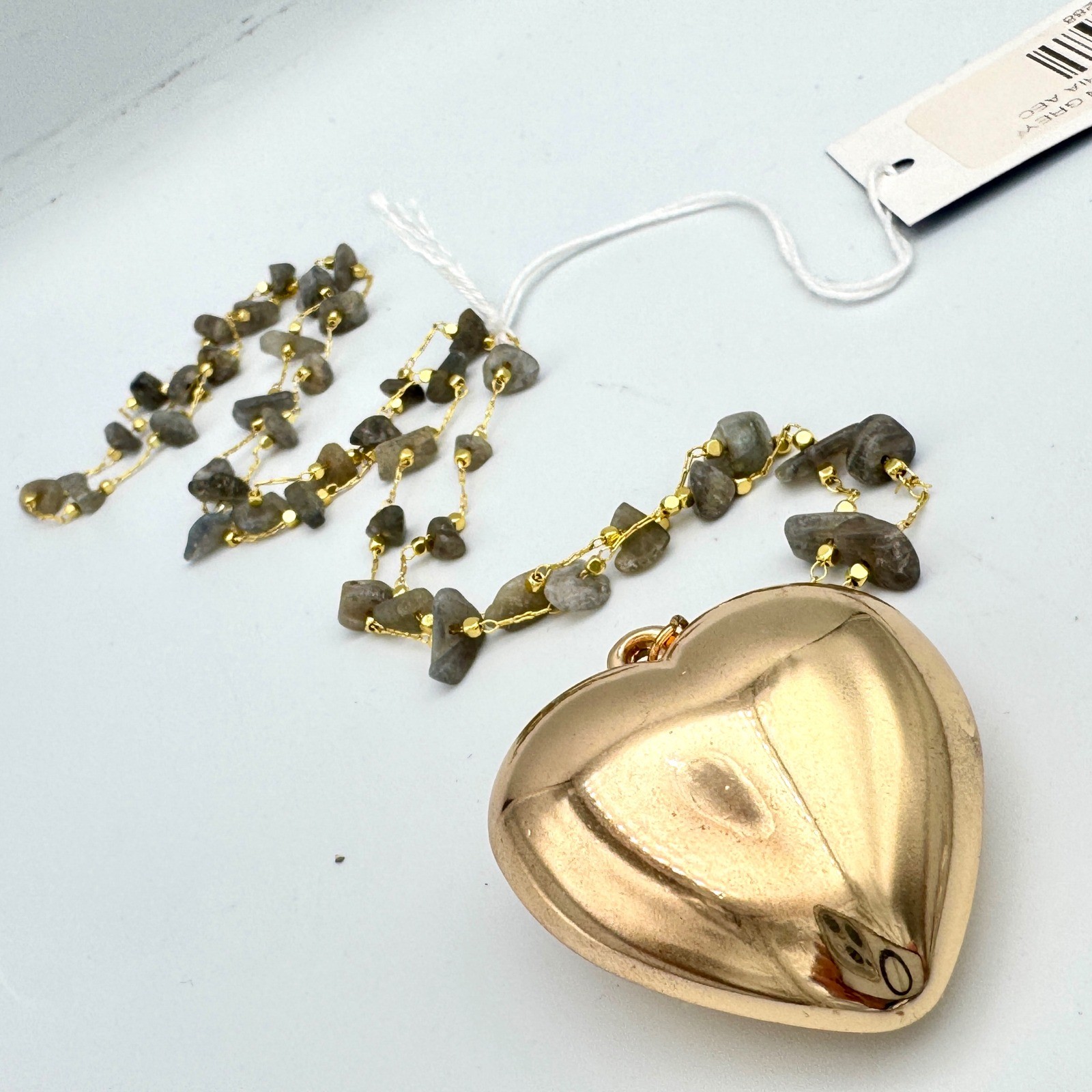 Large Bubble Heart Pendant Necklace Gold Tone Grey Labradorite Stone