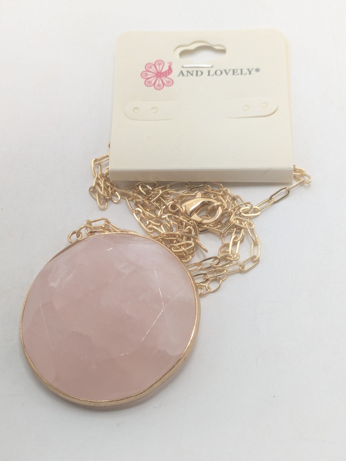 And Lovely Gold Tone Chain with Rose Quartz Pendant Necklace NWT