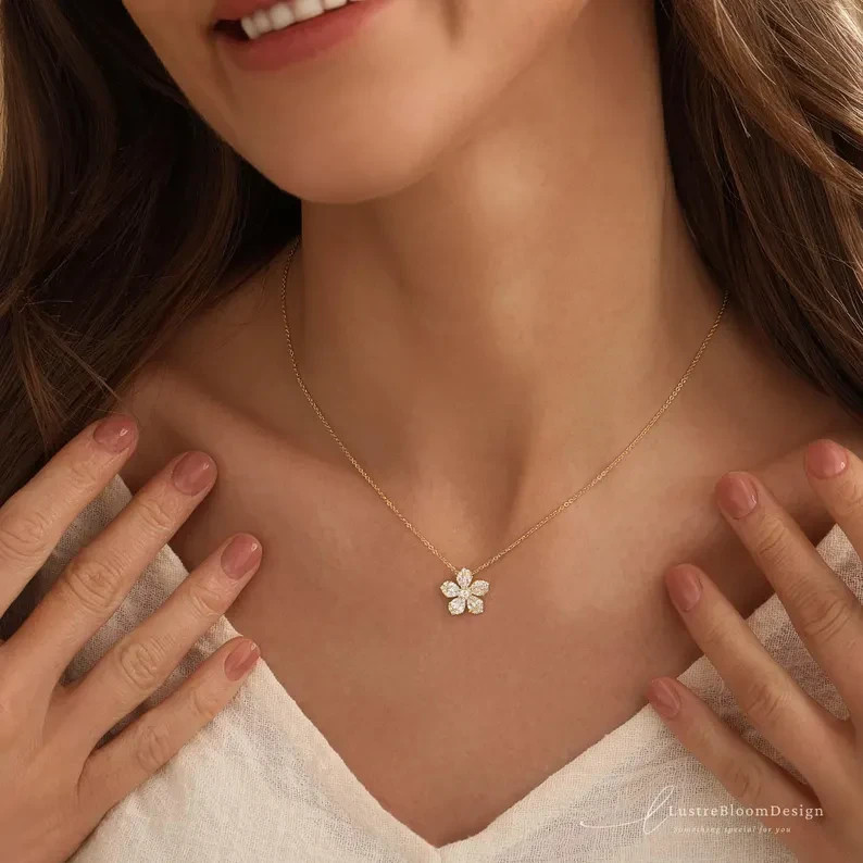 Flower Pendant Necklace Round Cut Simulated Diamond In 14k Yellow Gold Plated