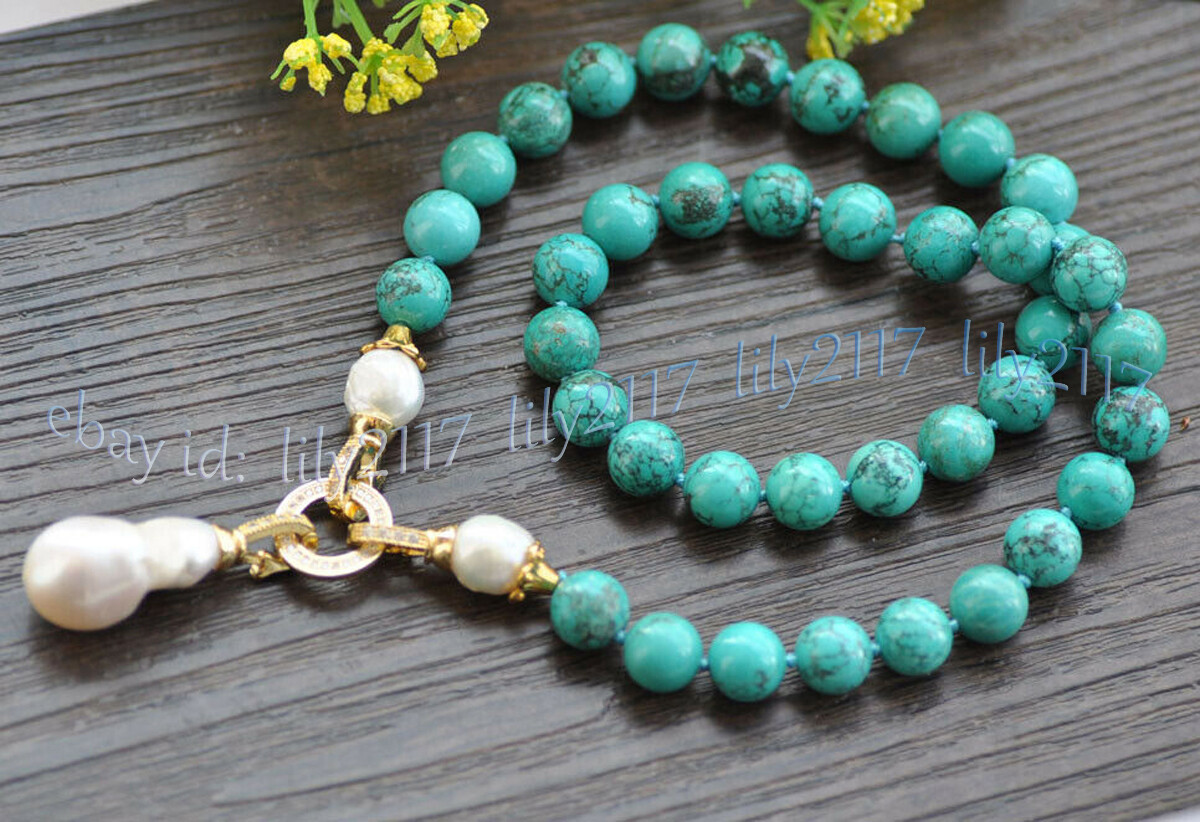 Natural Green Turquoise Gems Beaded White Keshi Baroque Pearl Pendant Necklace