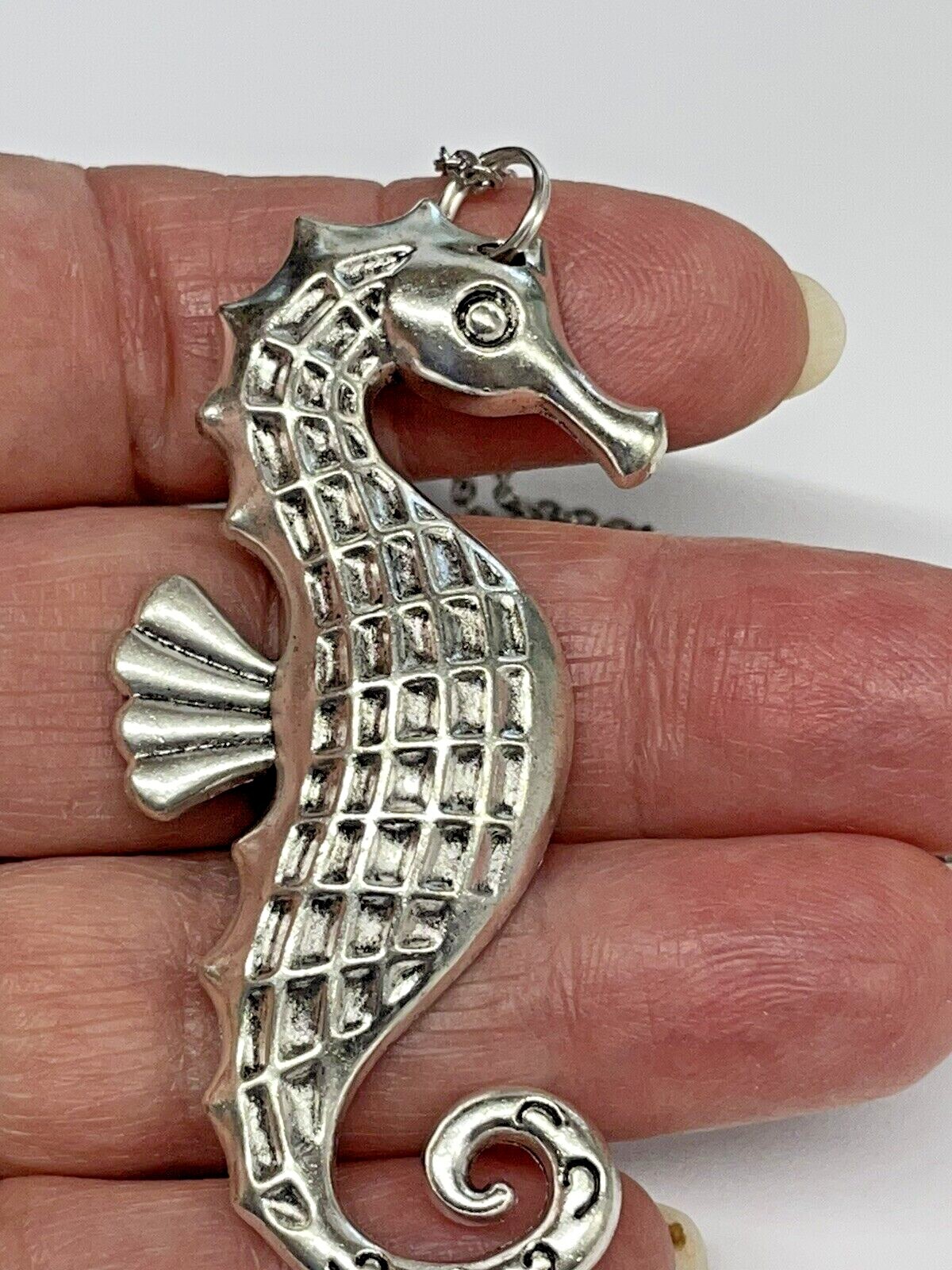 Sea Horse Silver Necklace 24″ Stainless Coastal Sea Life Jewelry NEW