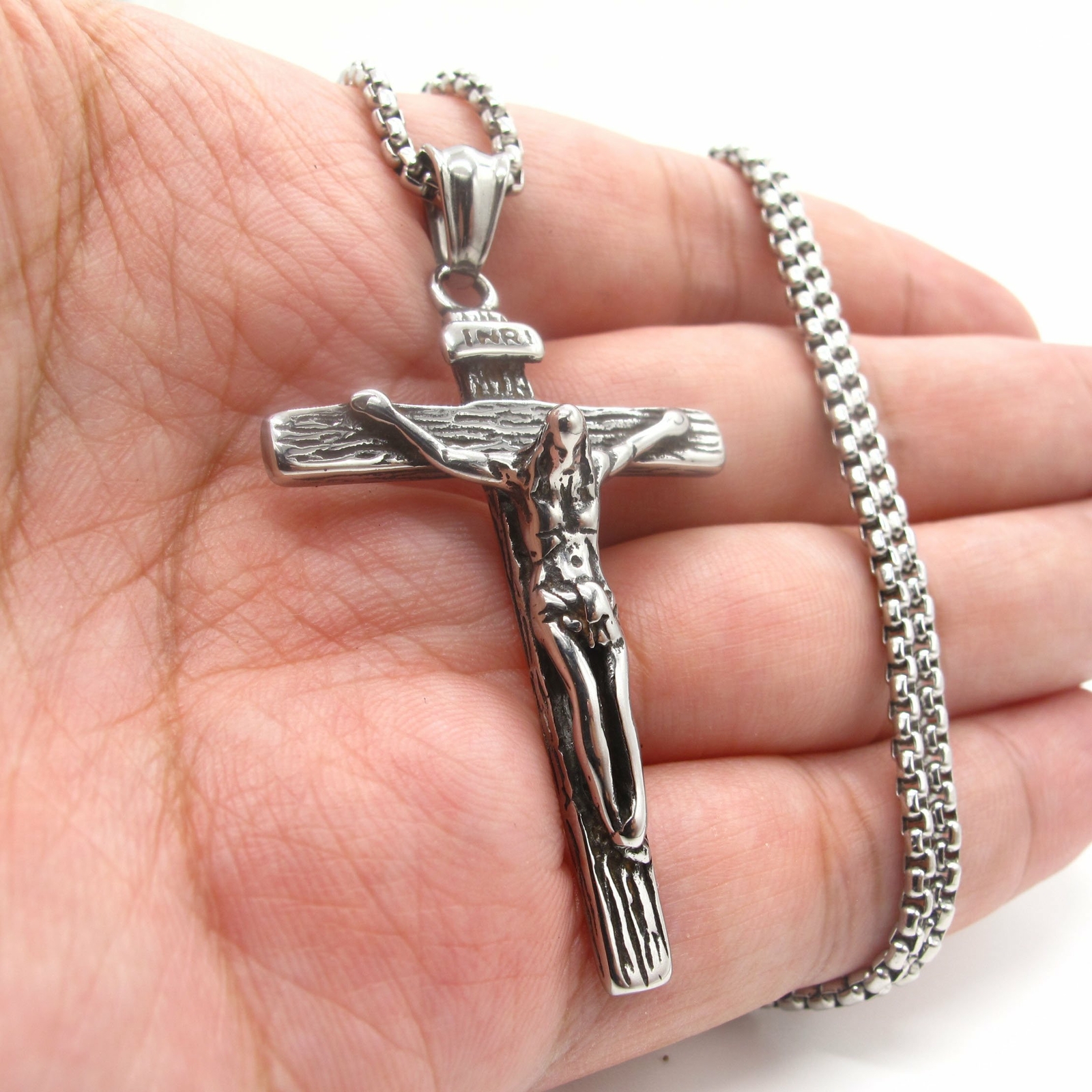 MENDEL Mens Stainless Steel Jesus Christ Crucifix Cross Pendant Necklace For Men