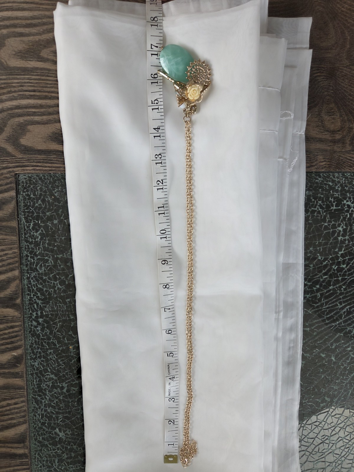 Gold Tone Cable Chain Necklace Green Oval Pendant, Adjustable