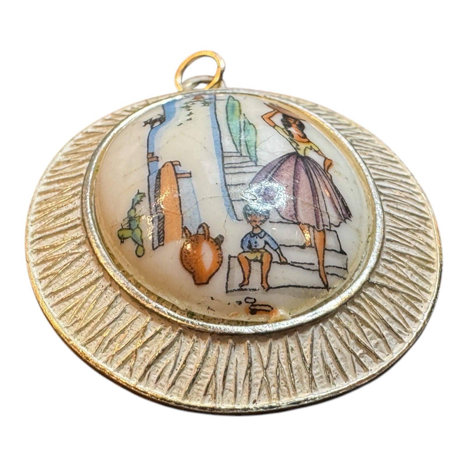 Vintage West Germany Pendant Painted Folk Art Scene Woman Child Cat Oval