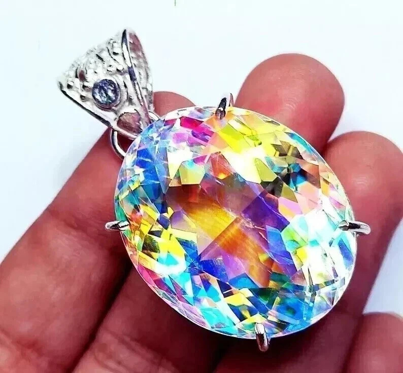 55 CT+ Rare Rainbow Fir Mystic Topaz Pendant Solid 925 Sterling Silver Plated