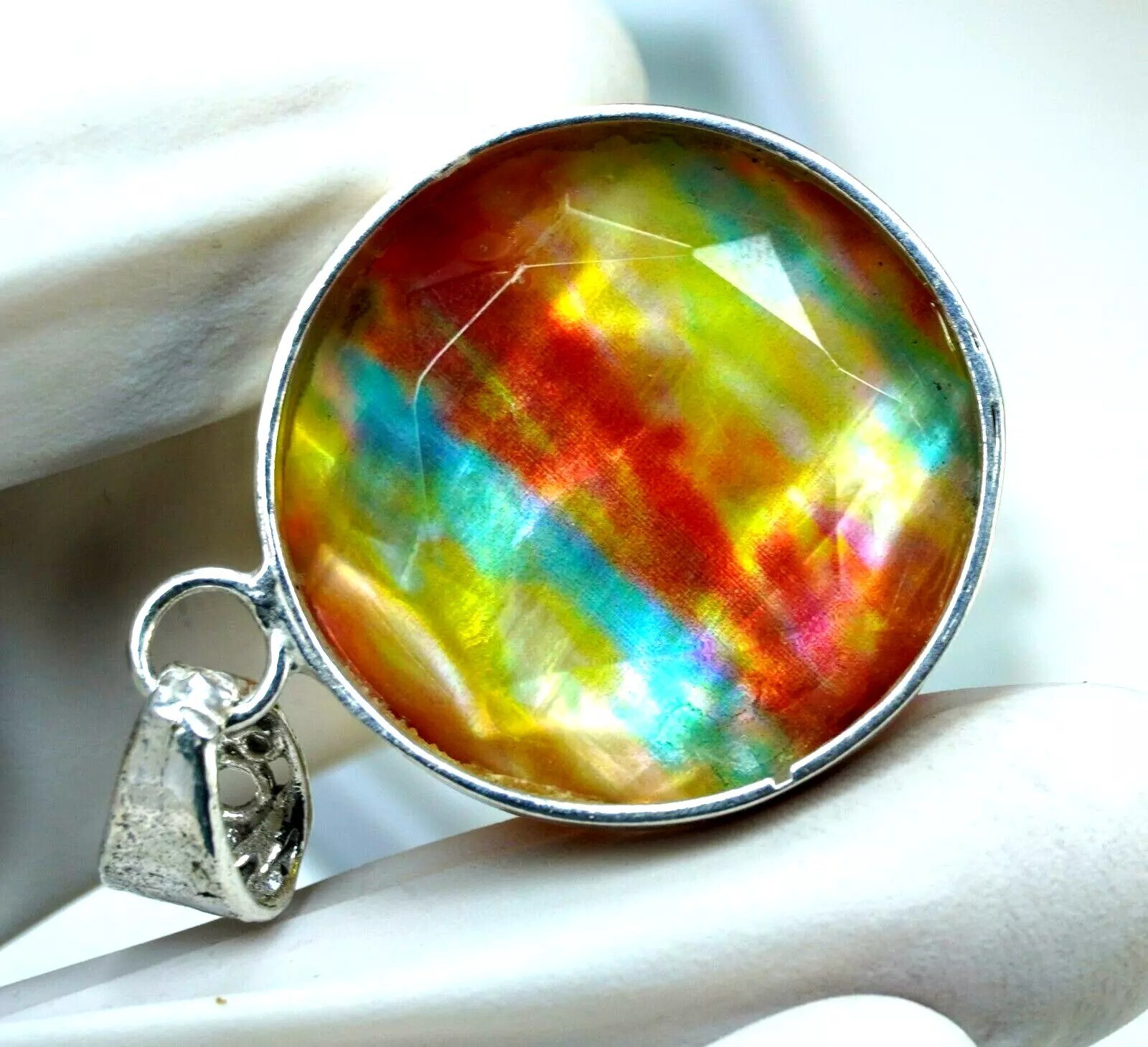 Ammolite Natural 92.56 Ct 925 Solid Silver Pendant Round Cut Loose Gemstone