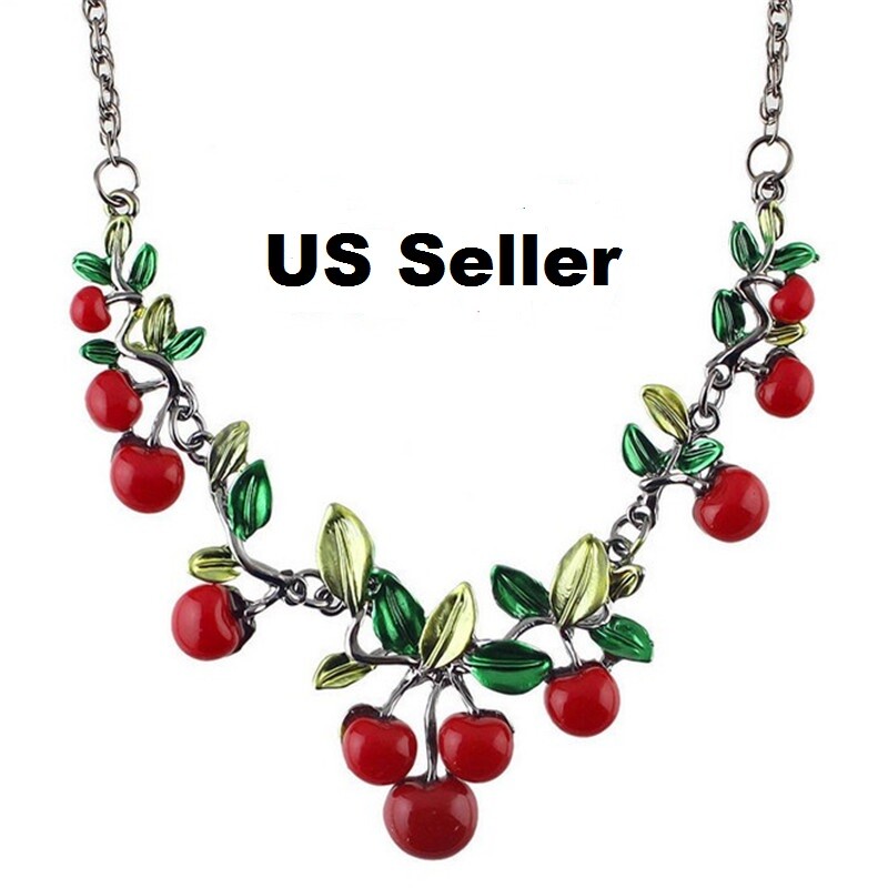 US Seller Cute Enamel Red Cherry Leafs Gun Black Chain Necklace