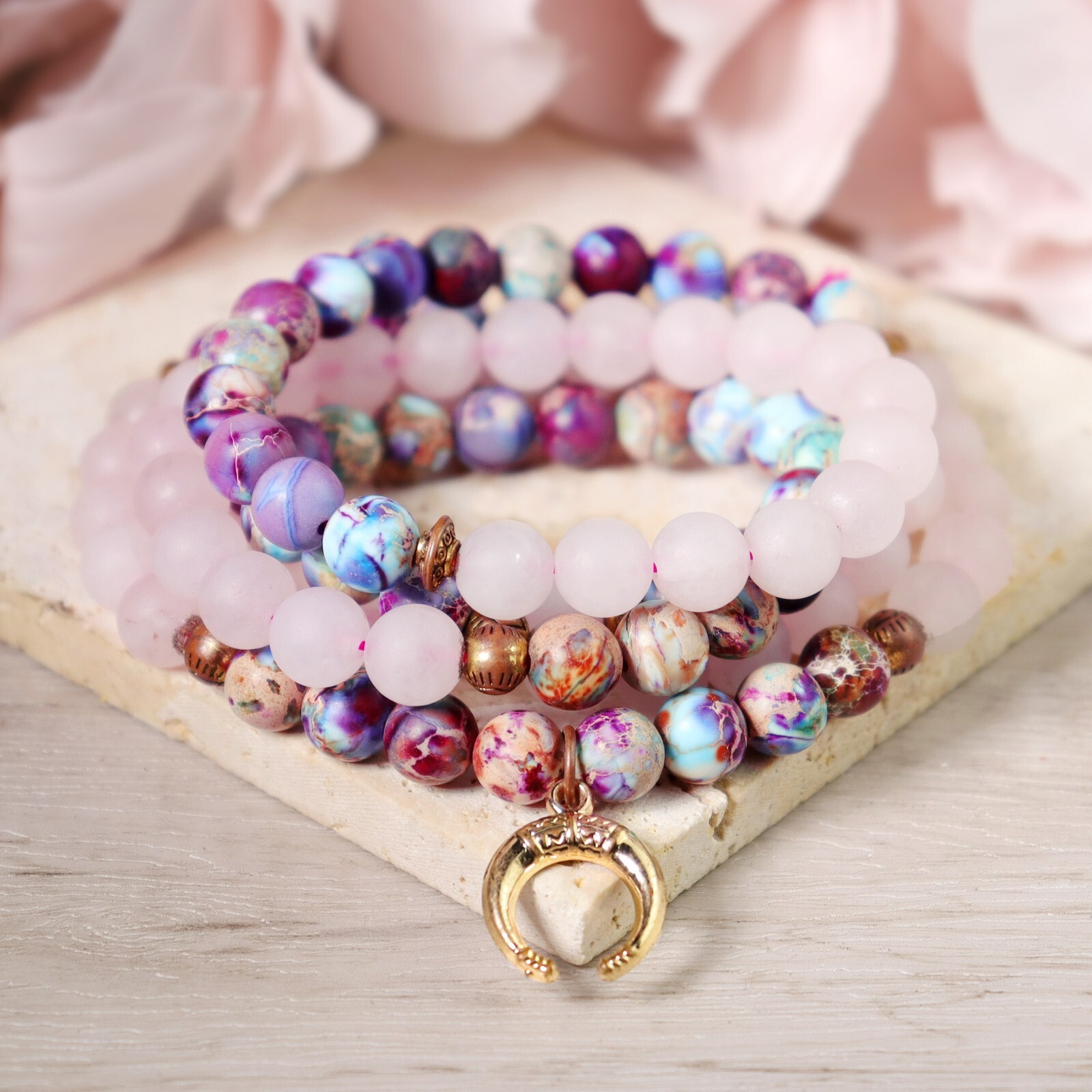 Imperial Jasper Rose Quartz Moon Charm 108 Mala Beads Healing Spiritual Bracelet