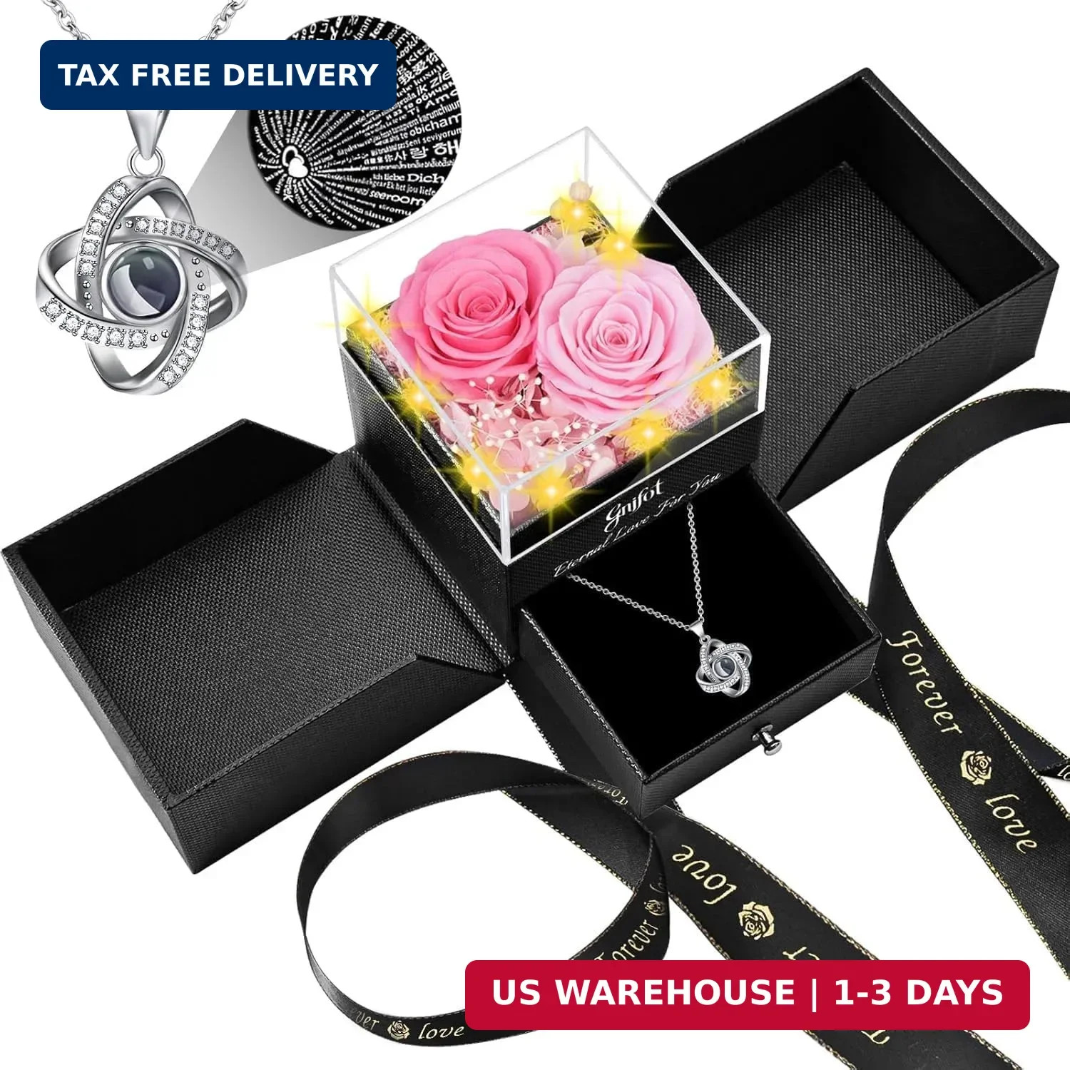 Preserved Pink Real Rose with I Love You in 100 Languages Necklace,Eternal Flowe