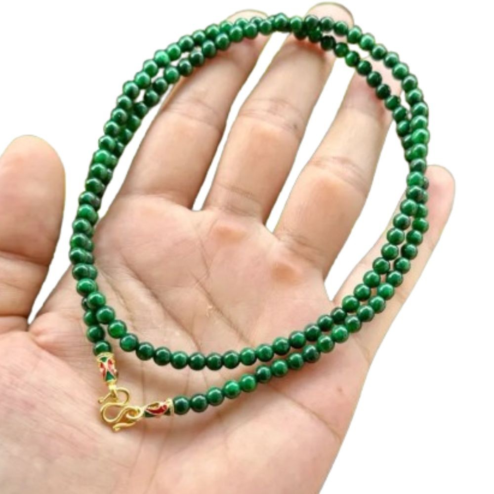 Bead Necklace Green Dyed Chalcedony Gemstone Round 4mm. Beads Gold Clasp 26 Inch