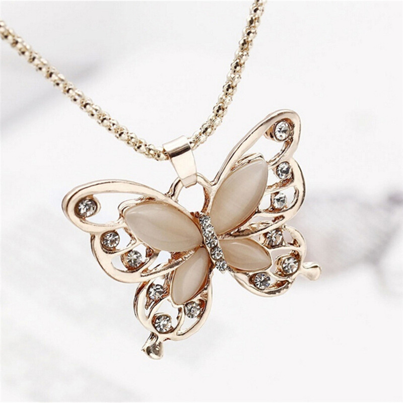 Rose Gold Tone Butterfly Pendant Necklace – Rhinestone Shine Fashion Jewelry