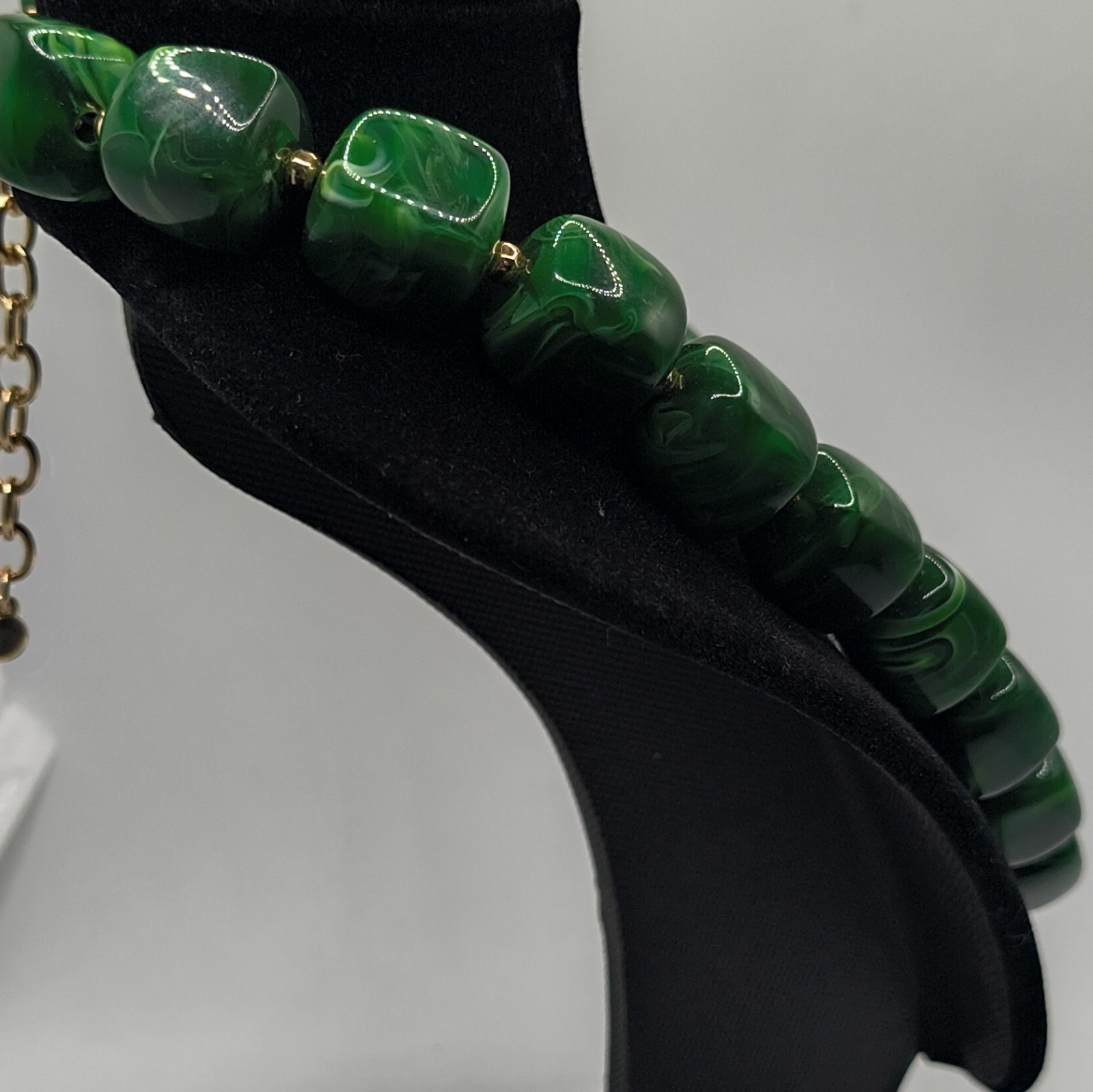 Green Beaded Statement Necklace Gold Tone Square Simulated Adjustable Lobster