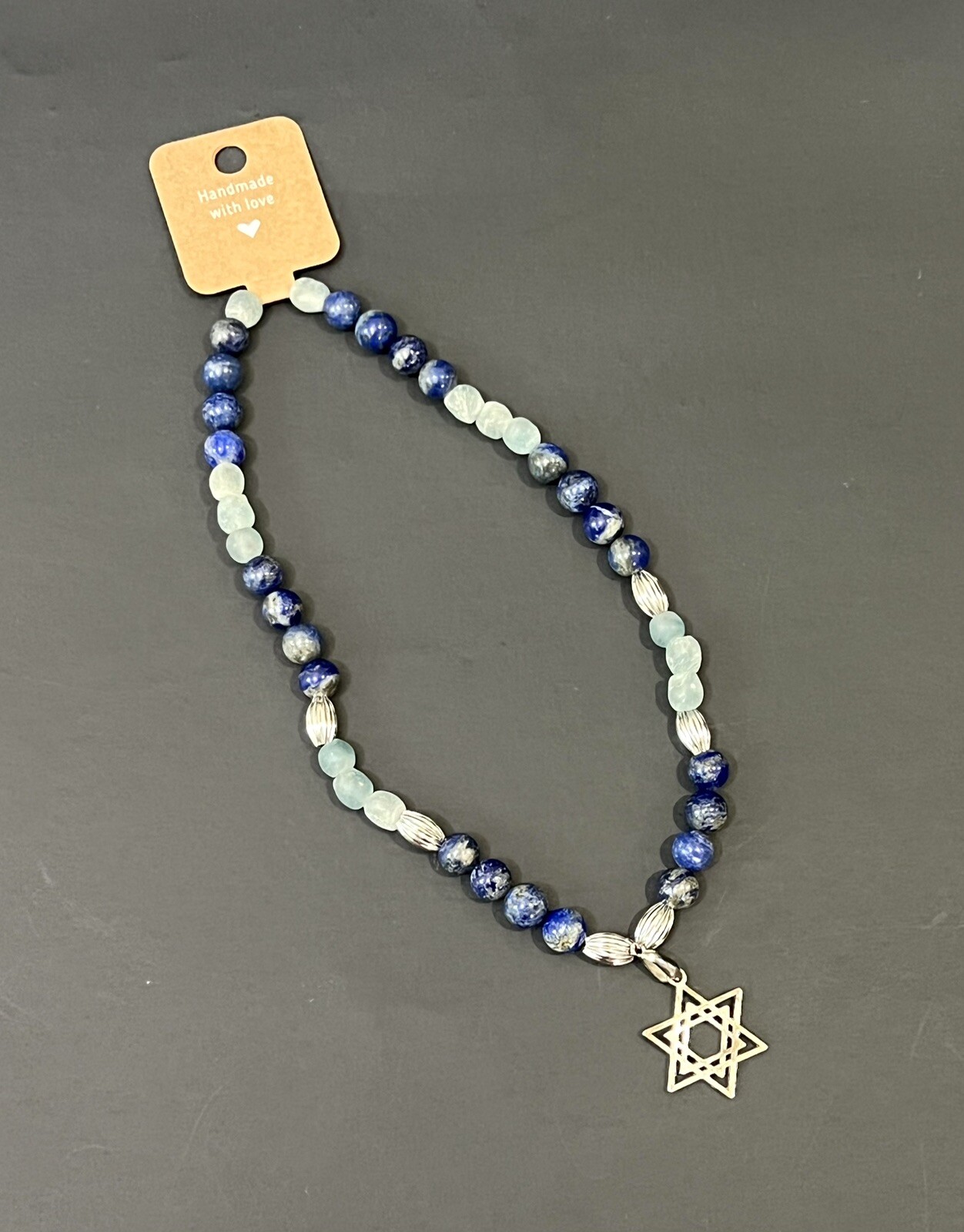 Handmade Jewish Star Of David Silver & Blue Beaded Elastic Chocker Necklace NEW