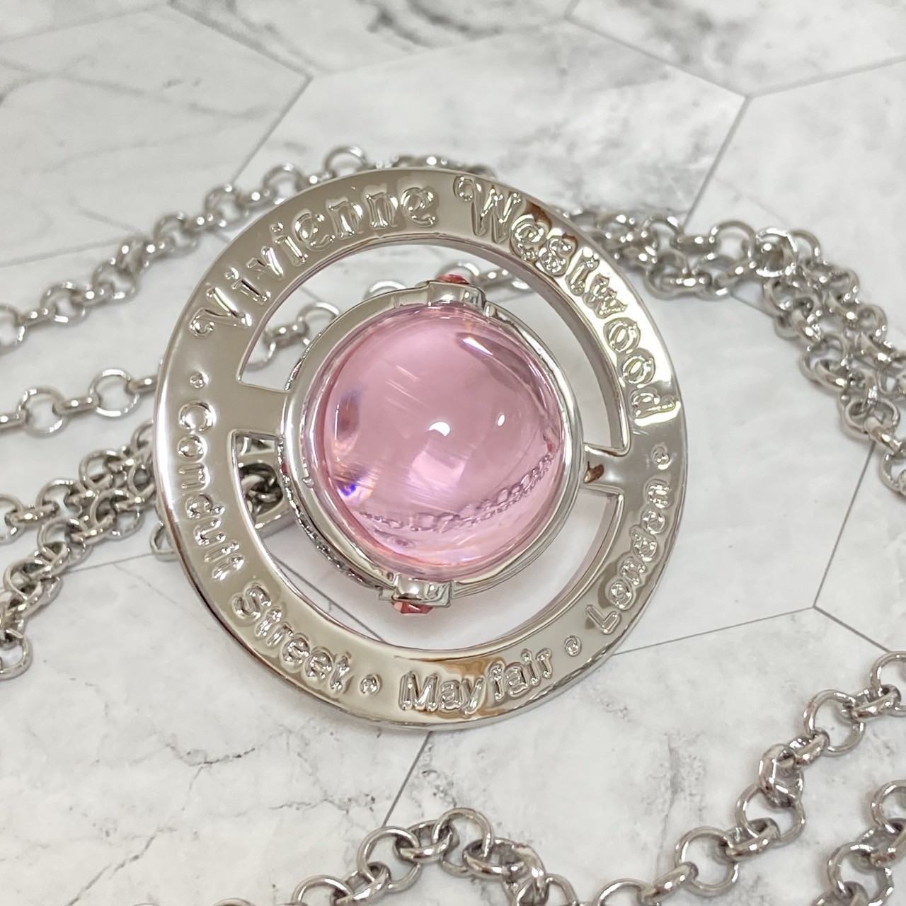 Vivienne Westwood Necklace Small Orb Silver Pink Chain 80cm Top 4.5cm NO BOX