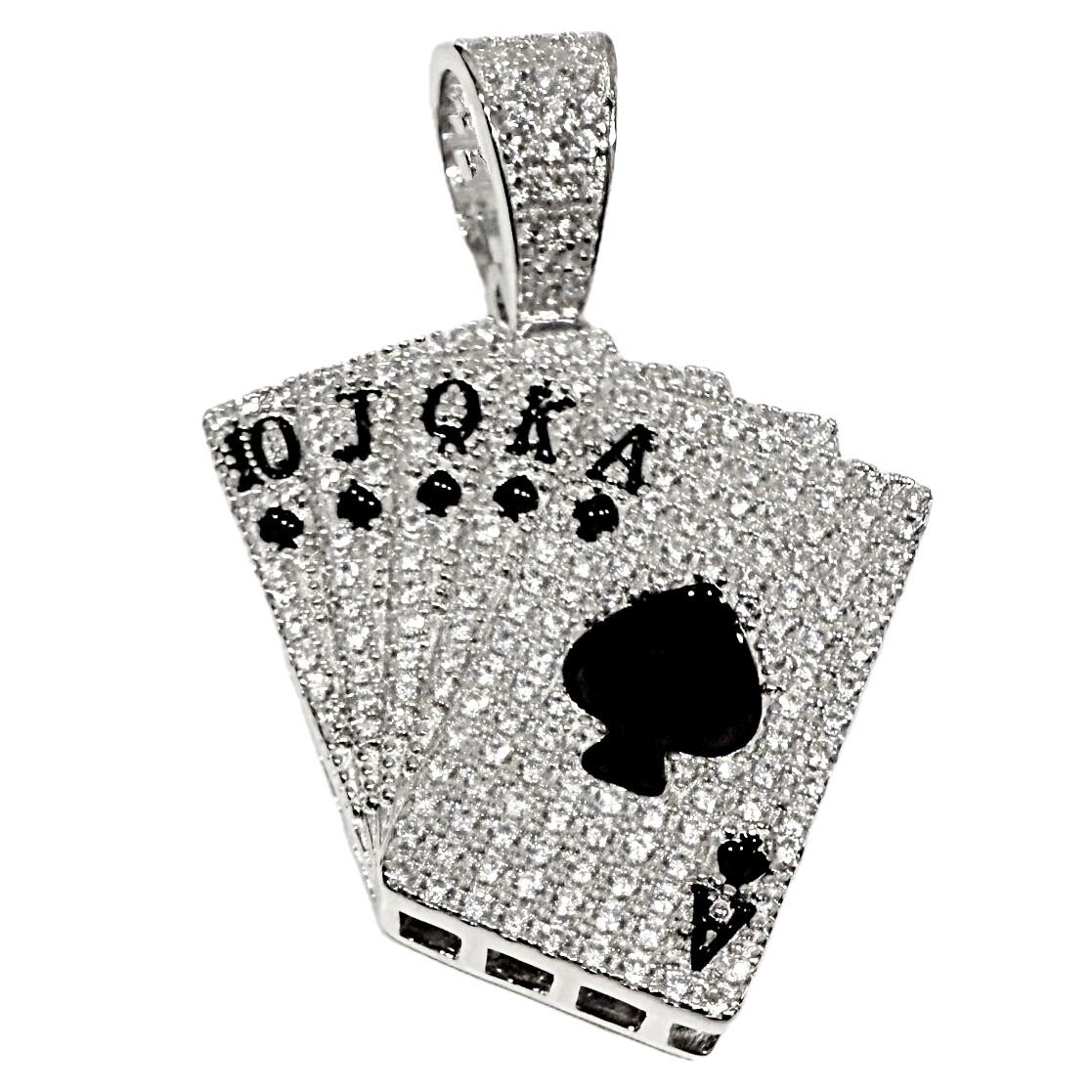 925 Sterling Silver Pendant Poker Playing Cards CZ Royal Flush Ace Spades Deck