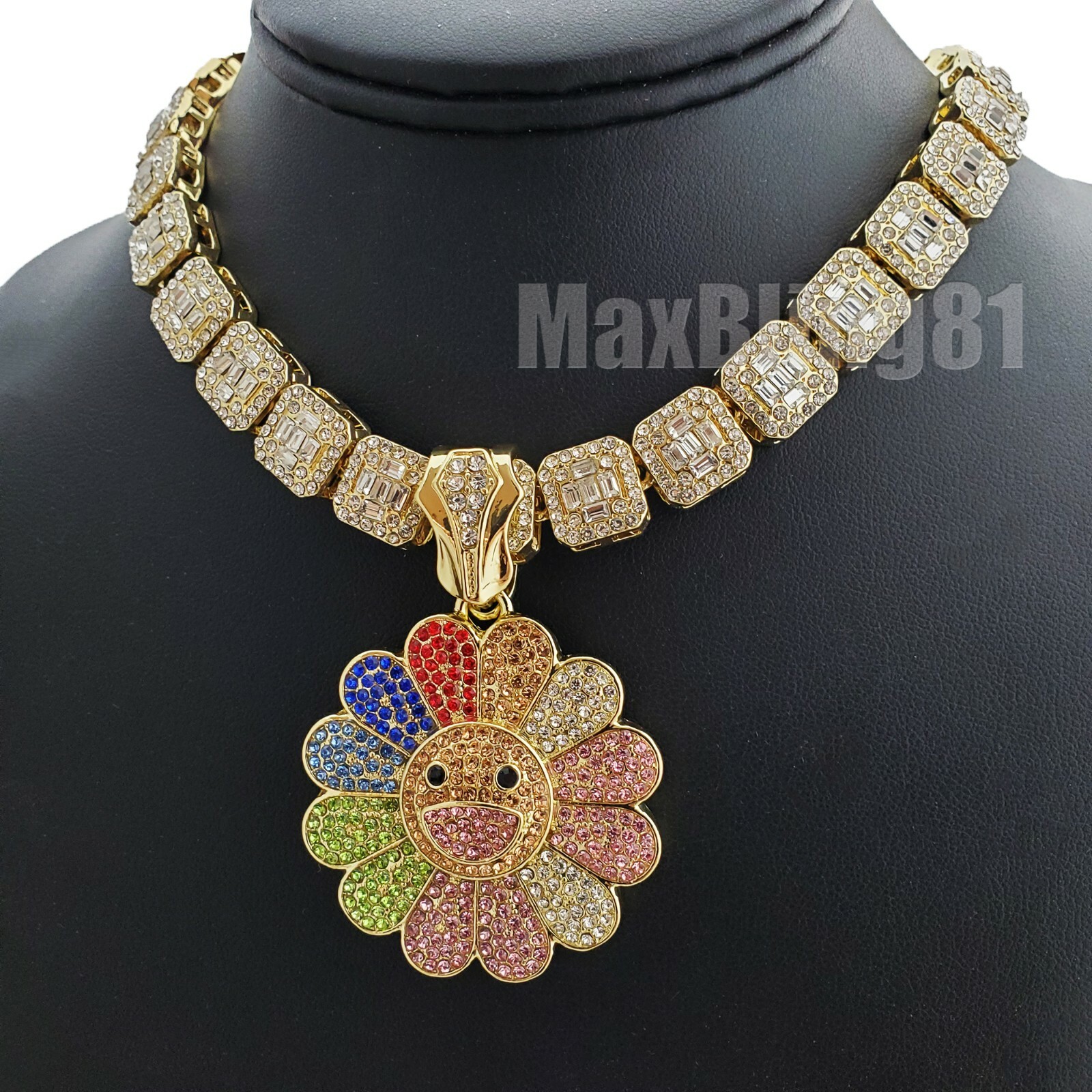 Hip Hop Icy Gold Plated Sunflower Pendant & 16″ 18″ Iced Baguette Chain Necklace