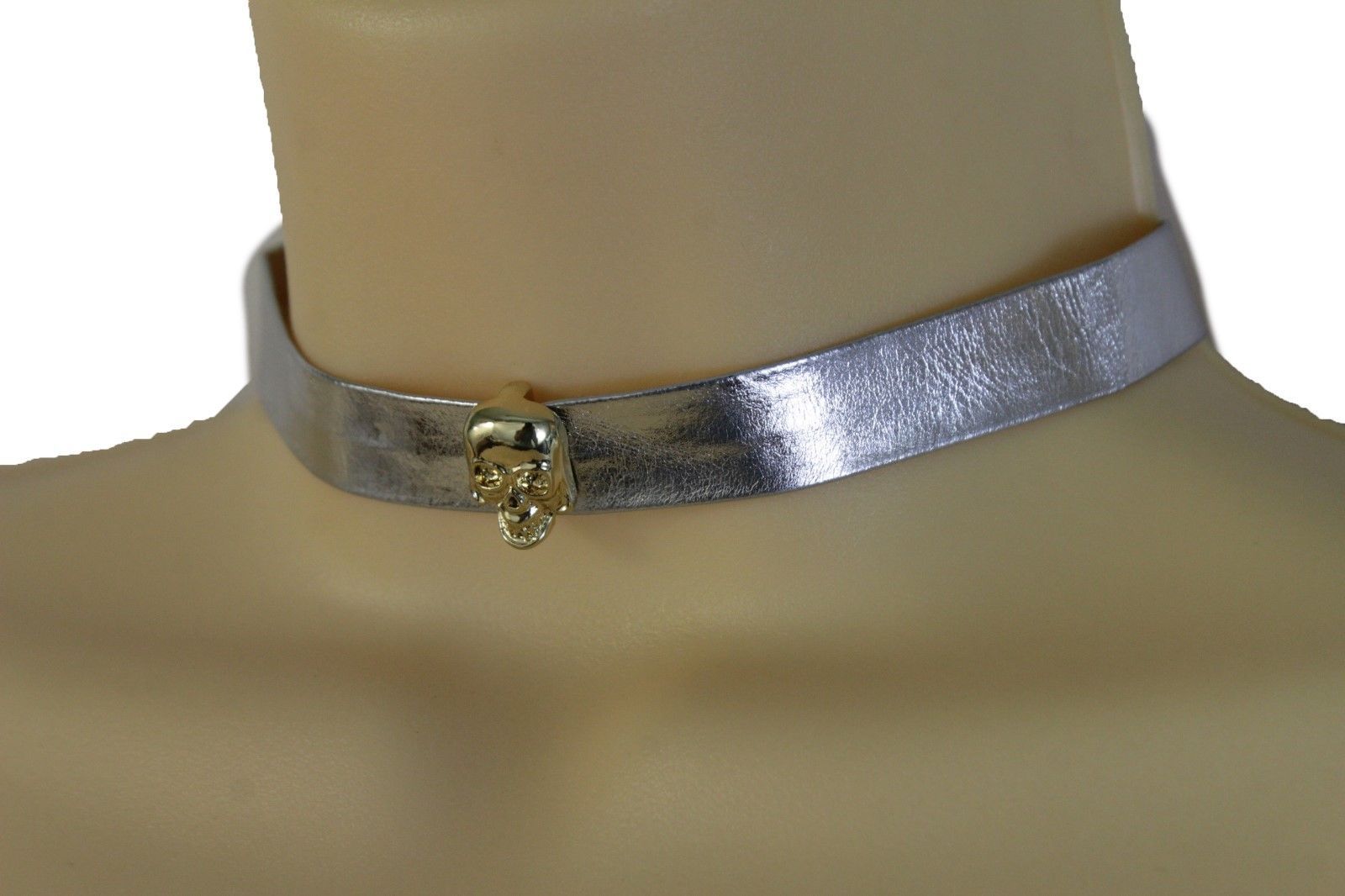 Hot Women Skinny Band Metallic Silver Choker Fashion Jewelry Necklace Gold Skull