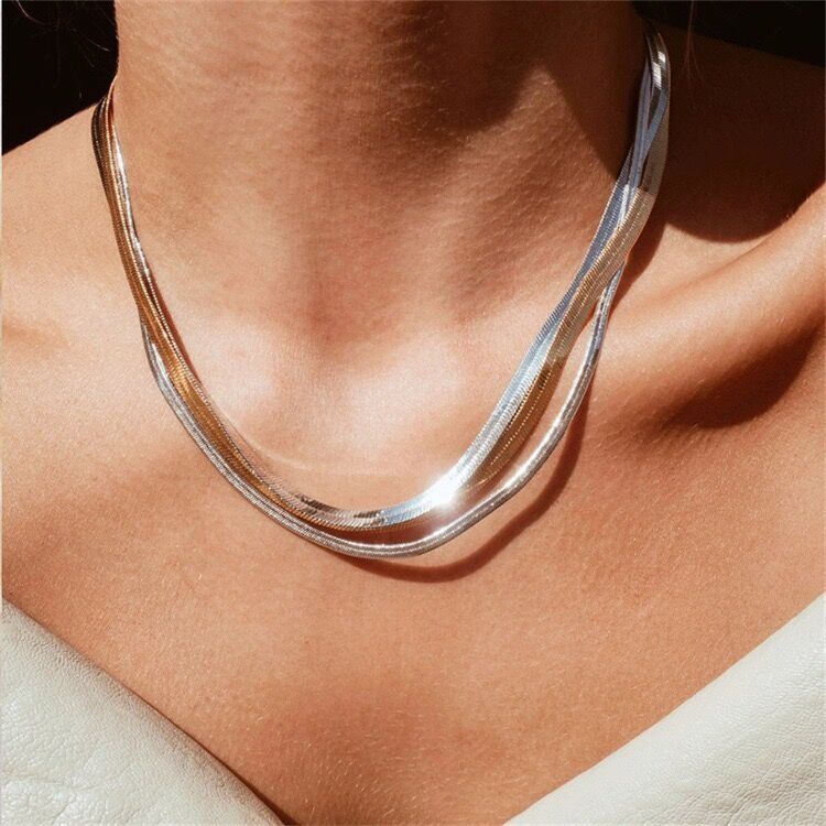2 Colors Women Men 2-5mm Stainless Steel 18k Gold Plated Herringbone Snake Chain