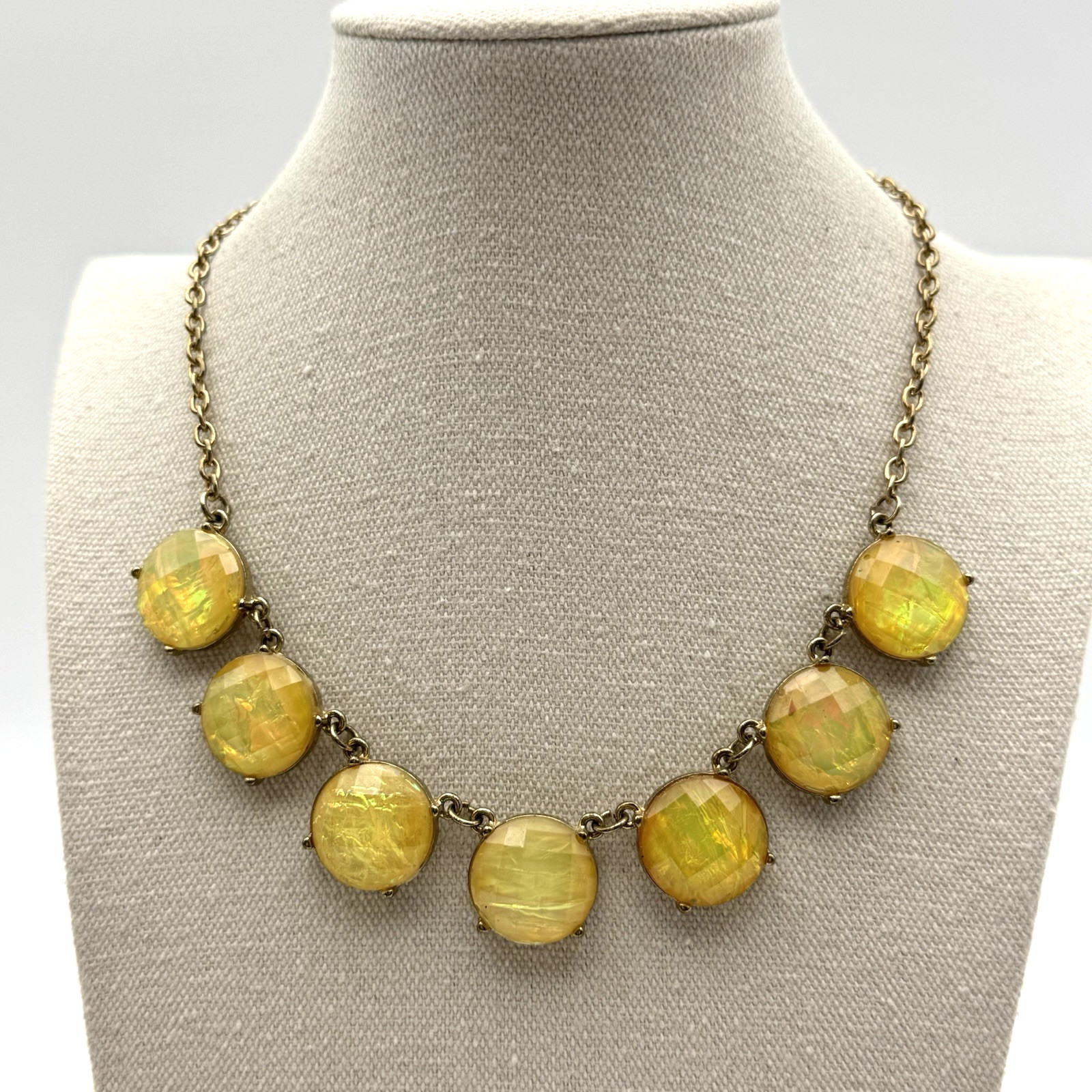 Yellow Statement Necklace Gold Tone Round Bezel Prong Faceted Foiled Beads 17.5″