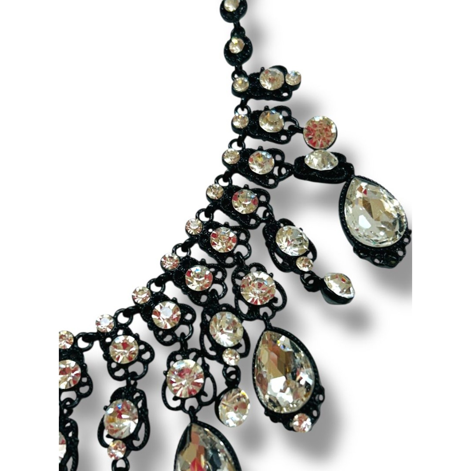 Natasha Bib Necklace Black Chain Clear Beads Sparkly 16-19″