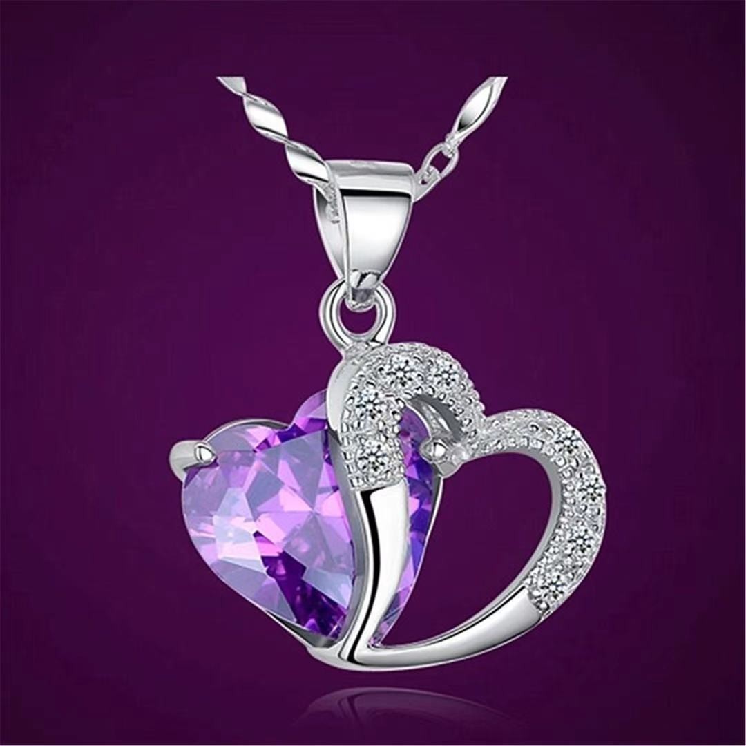 Fashion Women Heart Crystal Rhinestone 925 Silver Chain Pendant Necklace Charm
