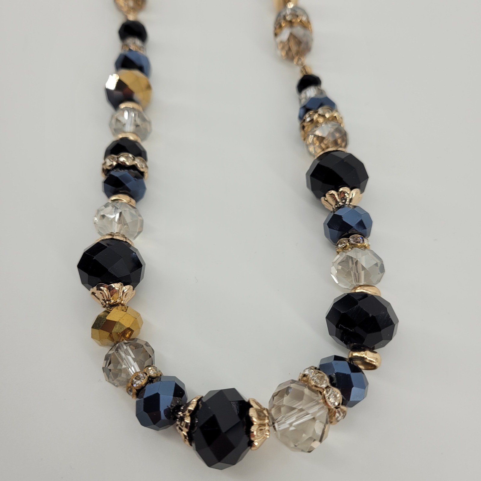 Glam Black Grey Gold Tone Statement Necklace Faceted Crystal Beaded Rhinestone