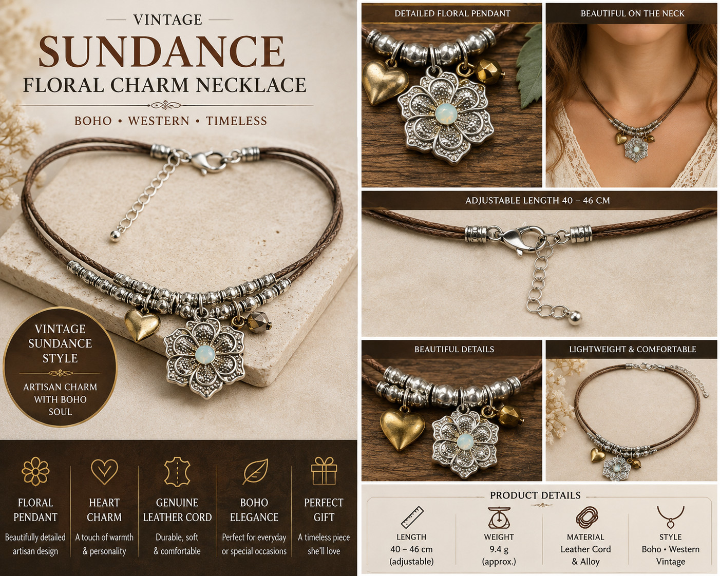 Vintage Sundance Leather Cord Floral Charm Necklace Boho Western Adjustable 46cm