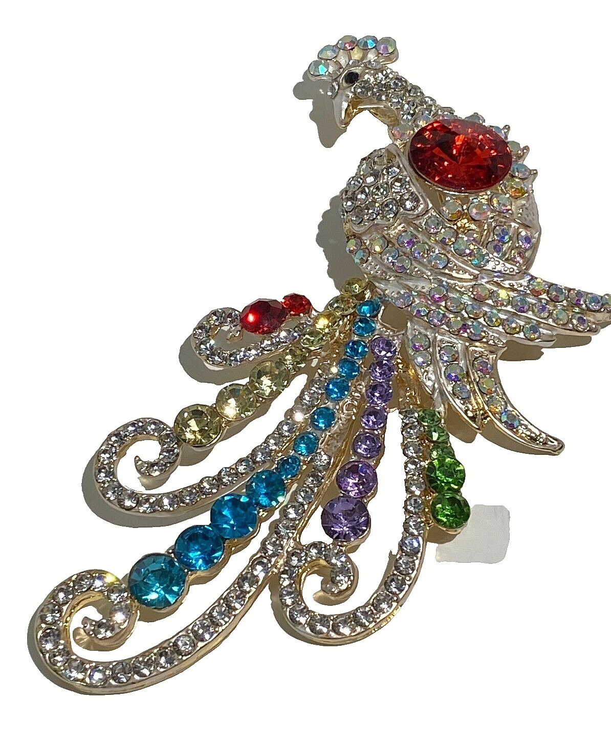 BETSEY JOHNSON GOLD PEACOCK MULTI COLOR CRYSTALS & RHINESTONES PIN PENDANT NECK