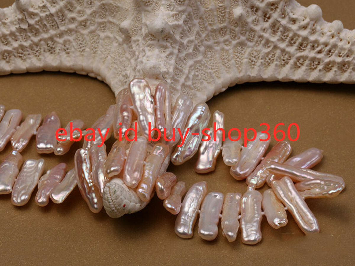 Natural 6x24mm Pink Freshwater Biwa Pearl Necklace Women Bridal Jewelry 18″