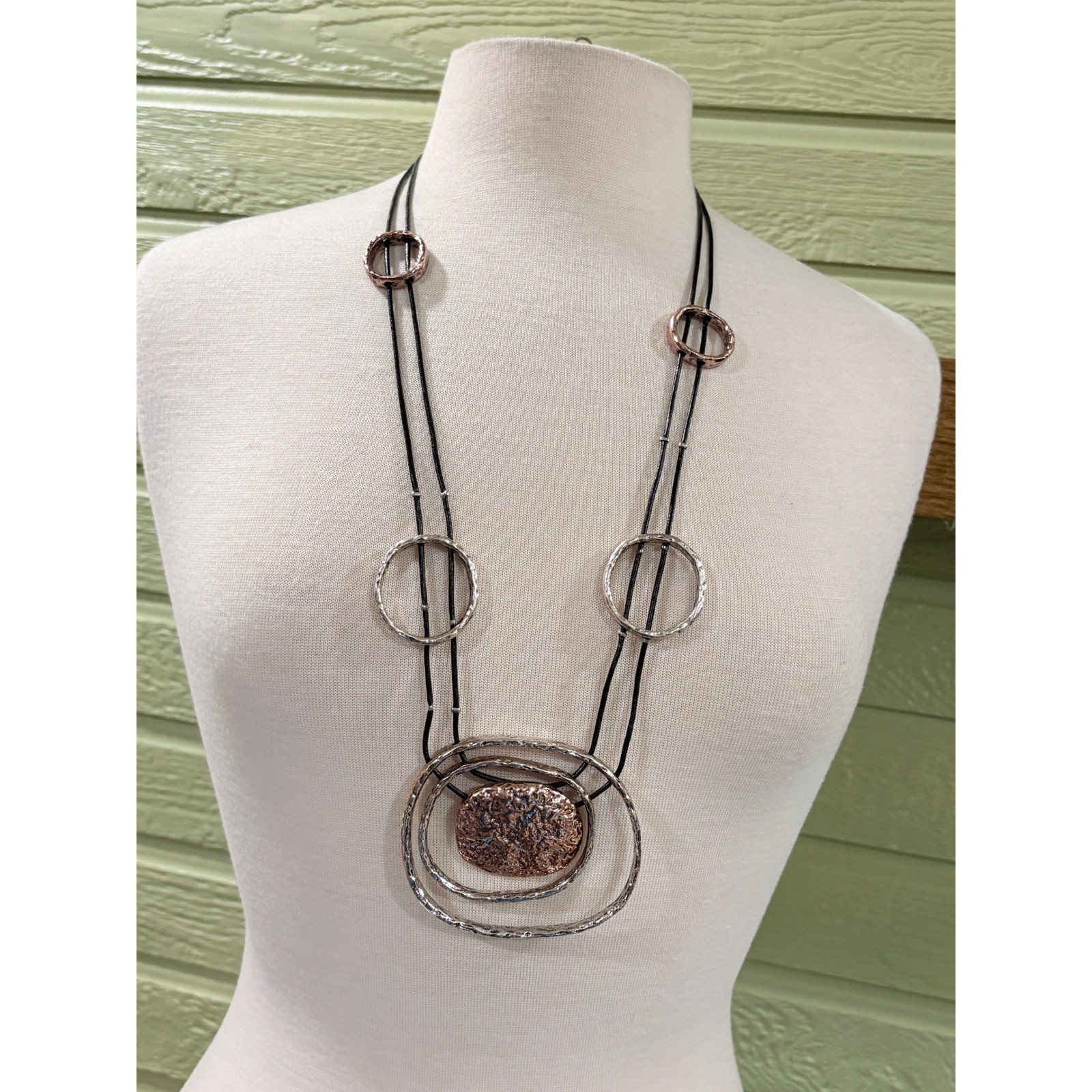 Mixed Metal Hammered Geometric Statement Necklace Silver Copper Tone Black Cord