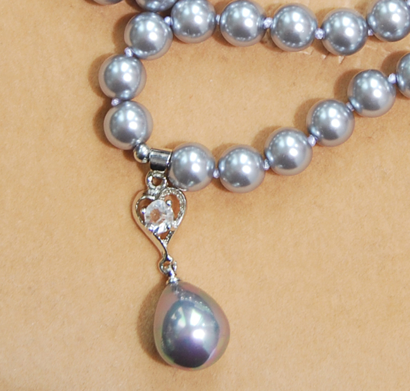 Long 16″-24″ 8mm Gray Shell Pearl Round Beads Drop Pendant(12x16MM) Necklace AAA