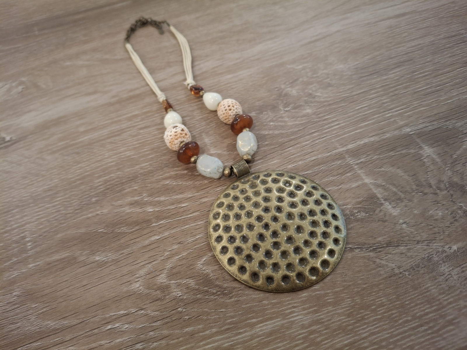 Boho Hammered Brass Tone Round Medallion Pendant Beaded Cord Necklace