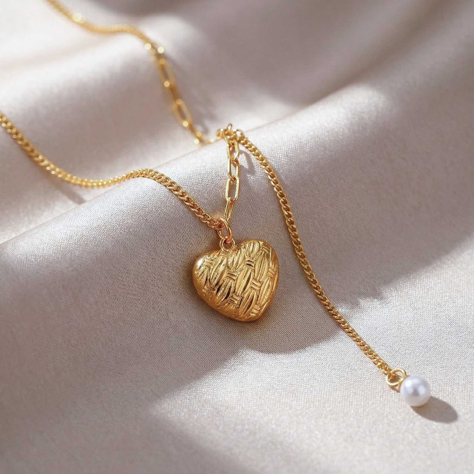 18K Gold Plated Stainless Steel Heart Pendant Faux Pearl Drop Necklace