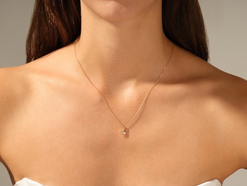 0.10 CT Round Moissanite 14K Gold Solitaire Wave Pendant Necklace For Her