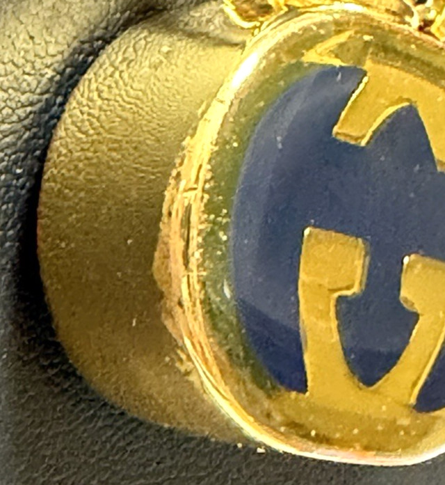 Vintage Gucci Navy Enamel GG Perfume Bottle Motif Necklace Pendant Gold-tone