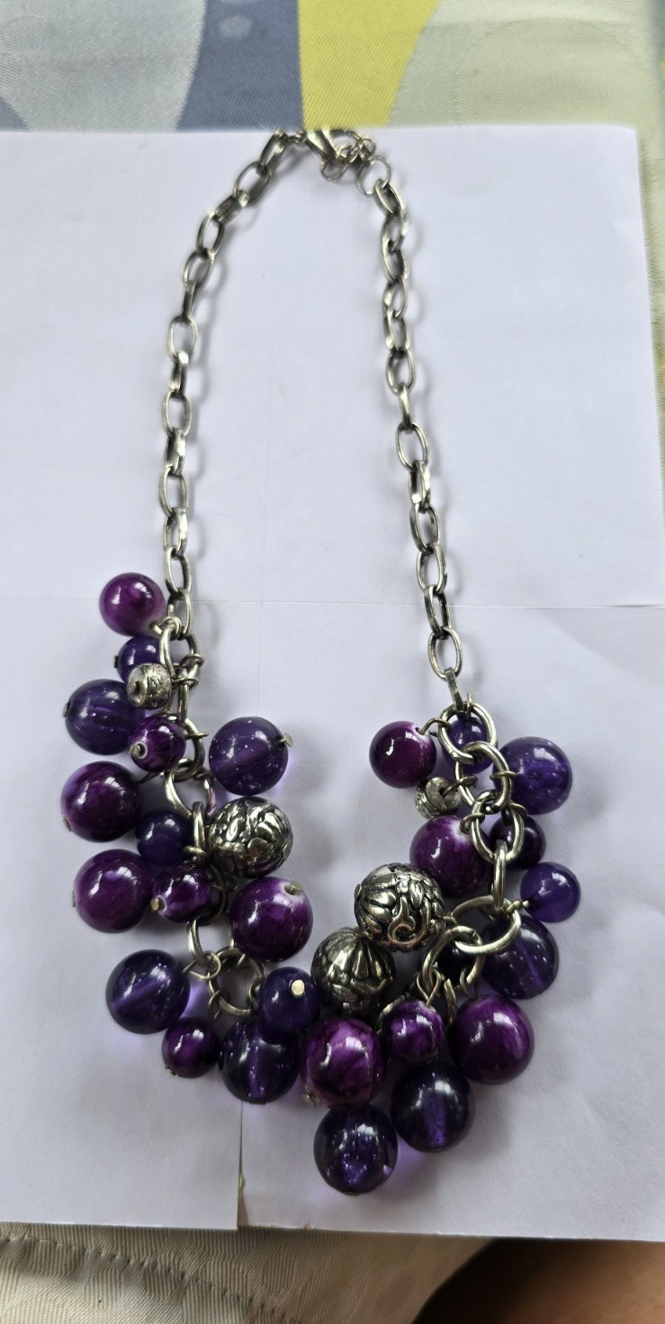 Silver Tone Statement Rolo Chain Necklace w/ Purple Acrylic Bead Cluster