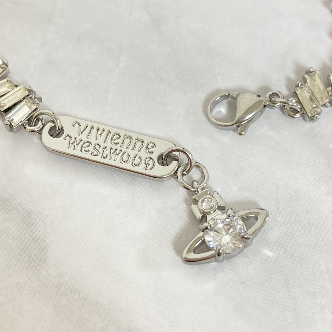 Vivienne Westwood Necklace Choker Crystal 38cm Silver Baguette cut w/Pouch NoBox
