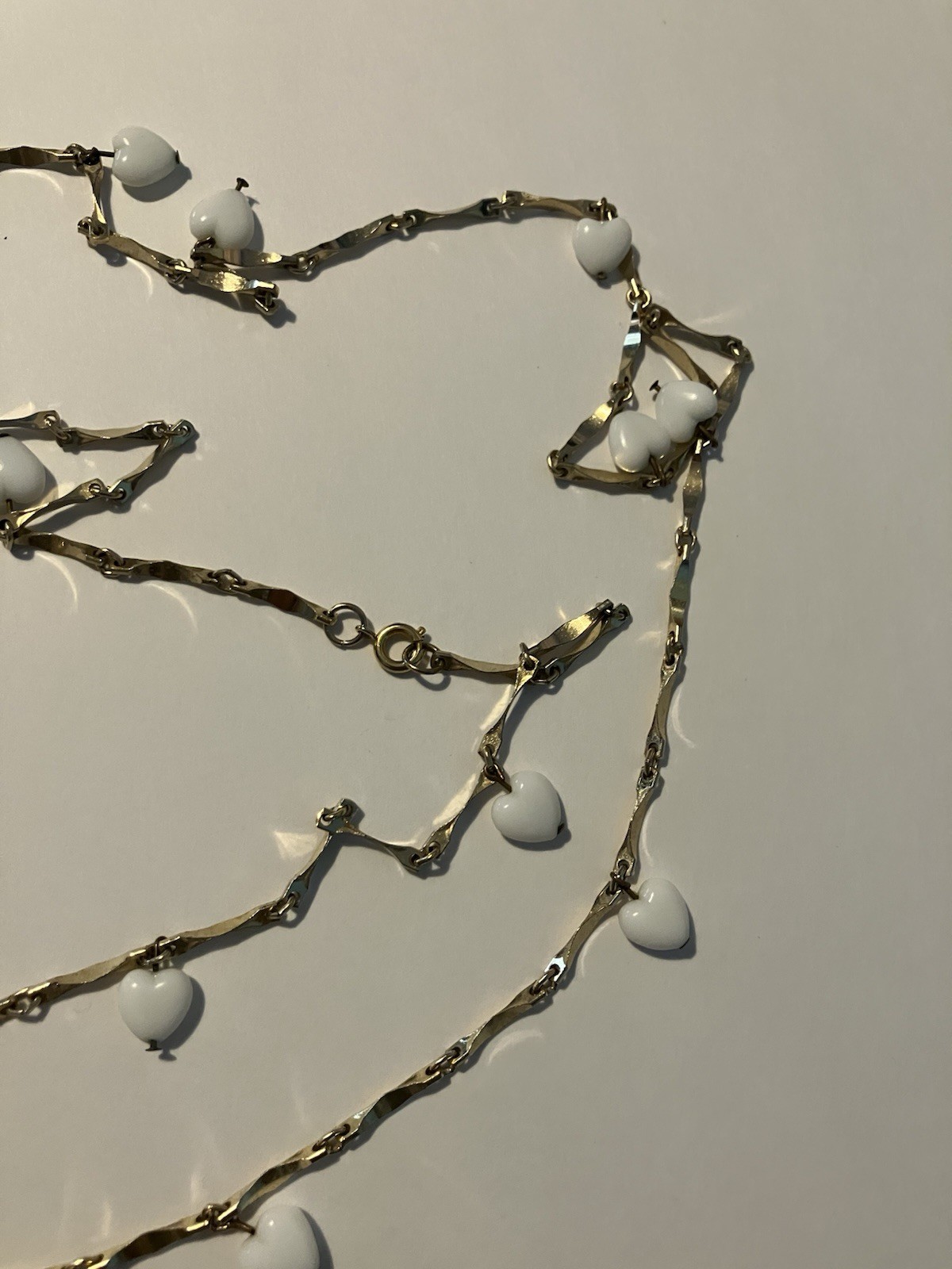 White Hearts And Gold Tone Chain Necklace 26 inch long