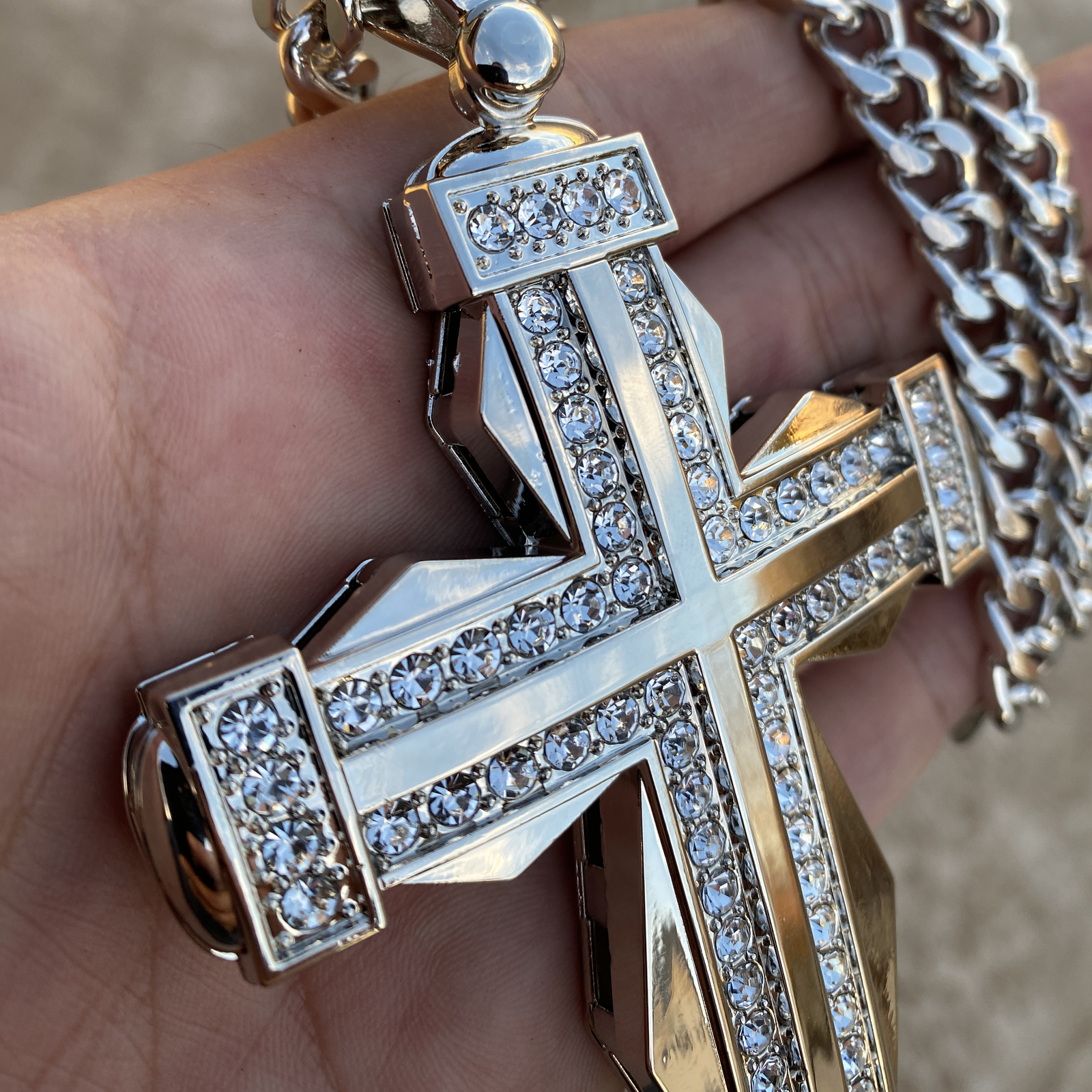 Men Huge Double Cross Pendant Jesus Necklace Silver Tone Hip Hop Cuban Chain 30″