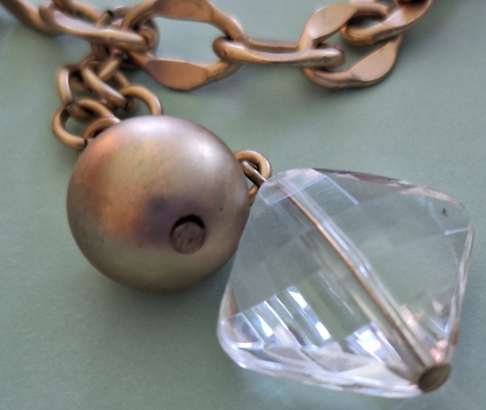 CHICO’S 18 INCH LONG GOLD COLORED BALLS AND COLORLESS STONE STATEMENT NECKLACE