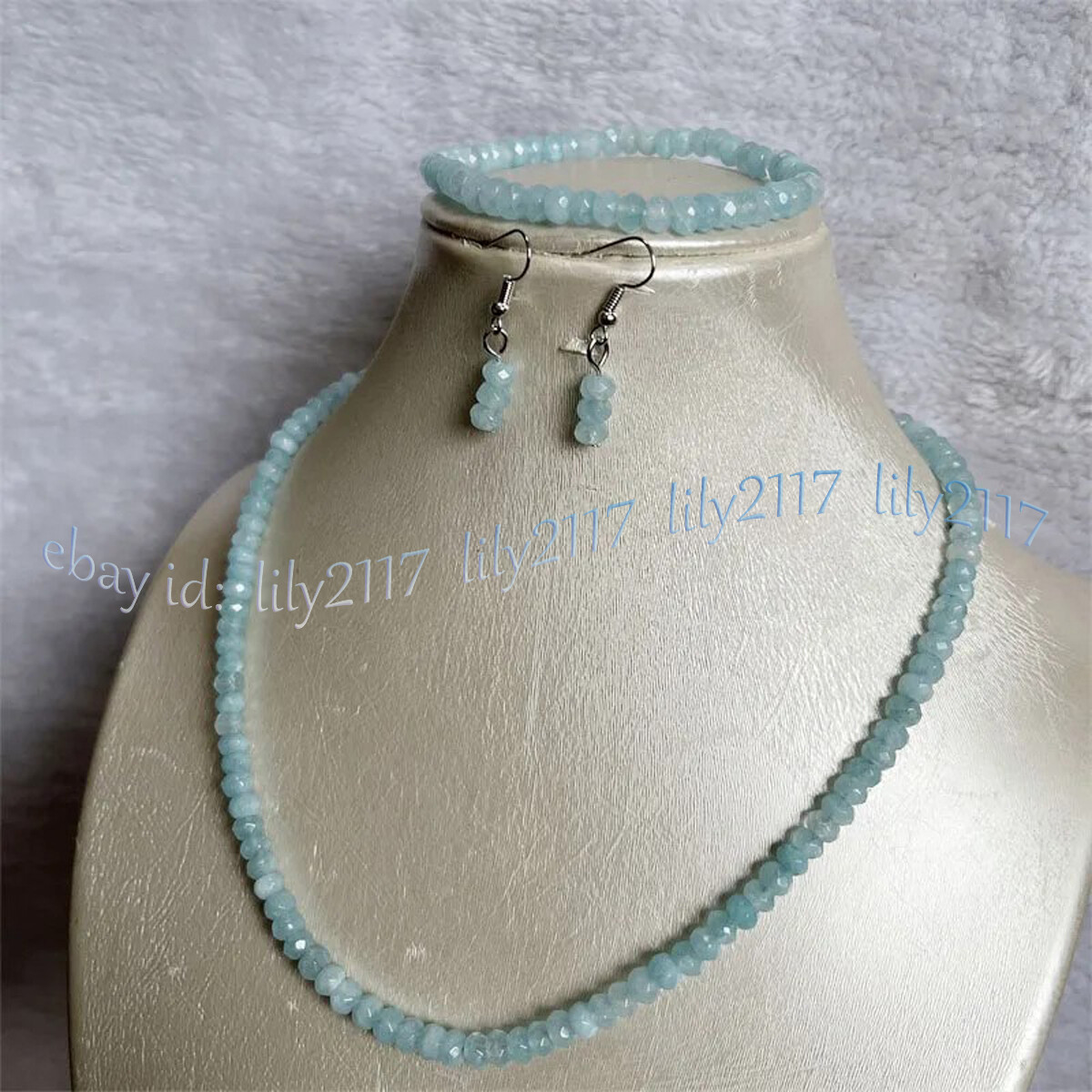 Faceted Aquamarine Natural Gems Rondelle Beads Necklace Bracelet Earrings Set