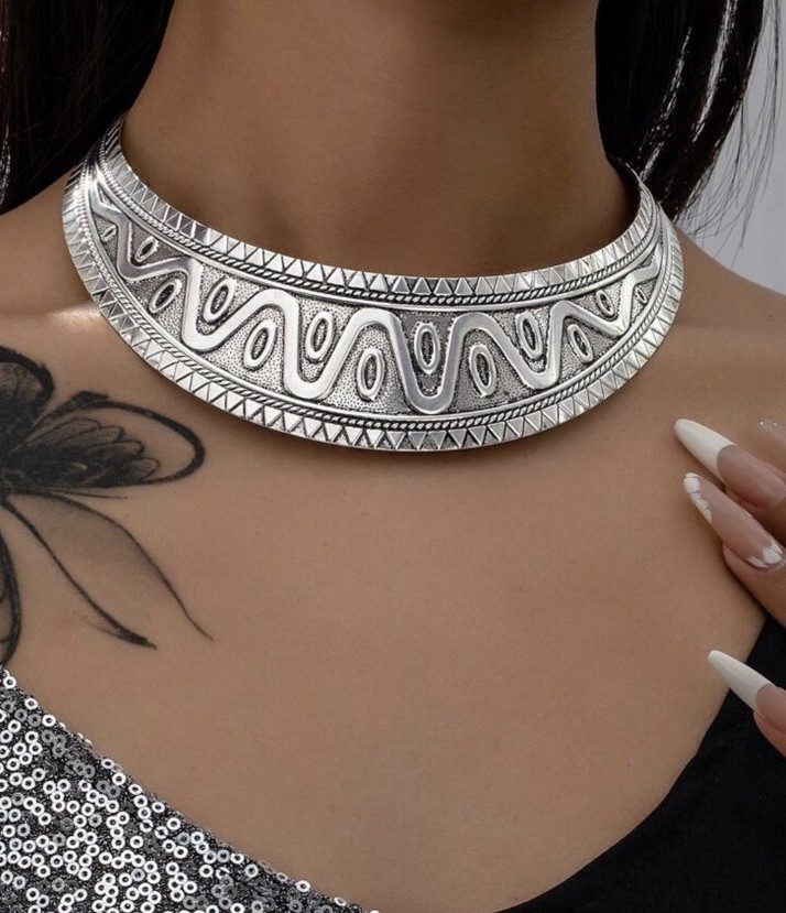 Chunky Silver Necklace Cuff Large Big Statement Choker Jewelry