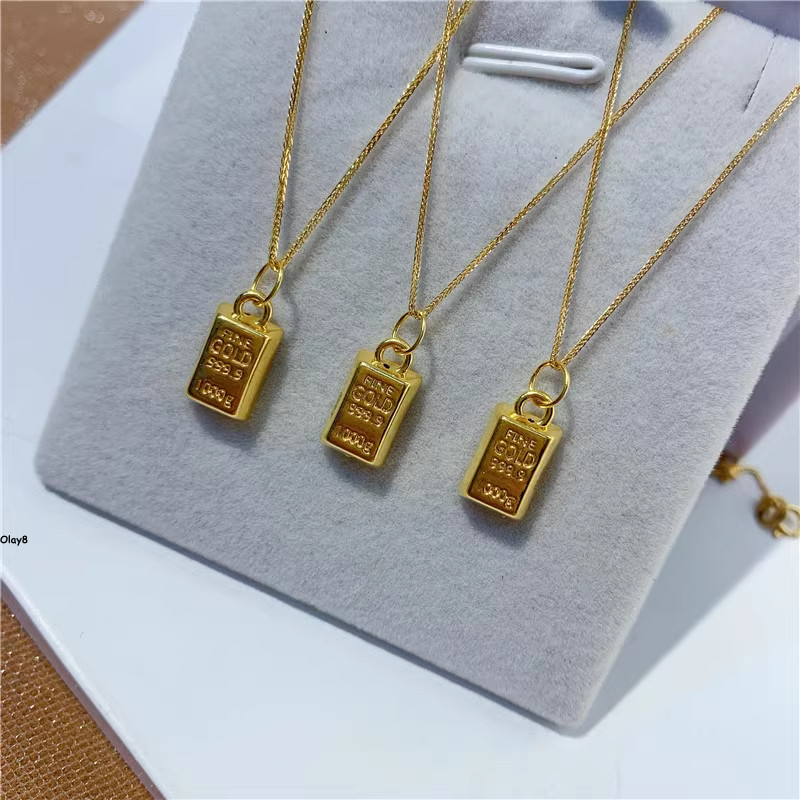 Pure 999 24K Yellow Gold Long Oblong With 18K Yellow Gold Wheat Necklace 18in