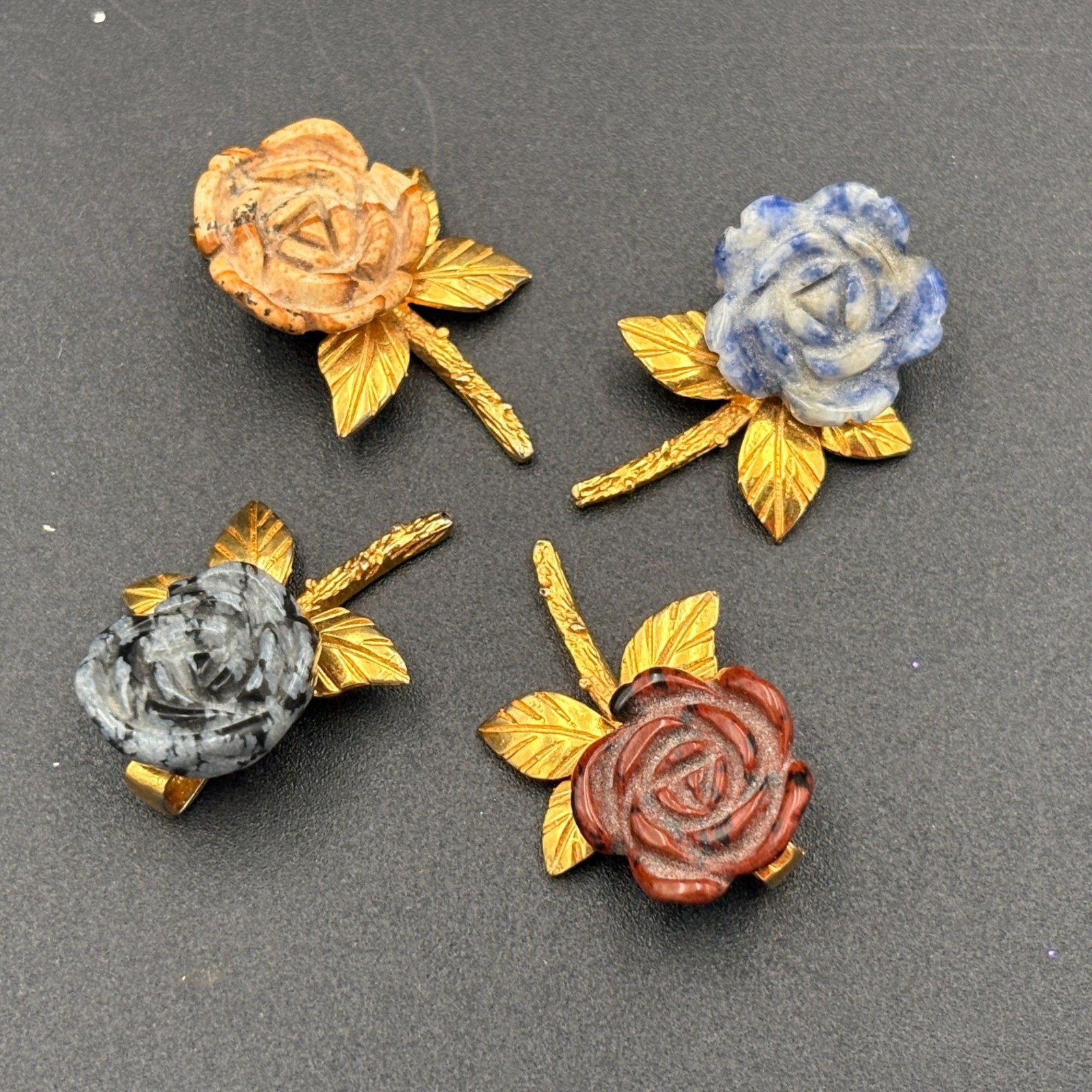 Handcrafted Stone Rose Pendants With Golden Tone Stem & Leaf Design Lot of 4