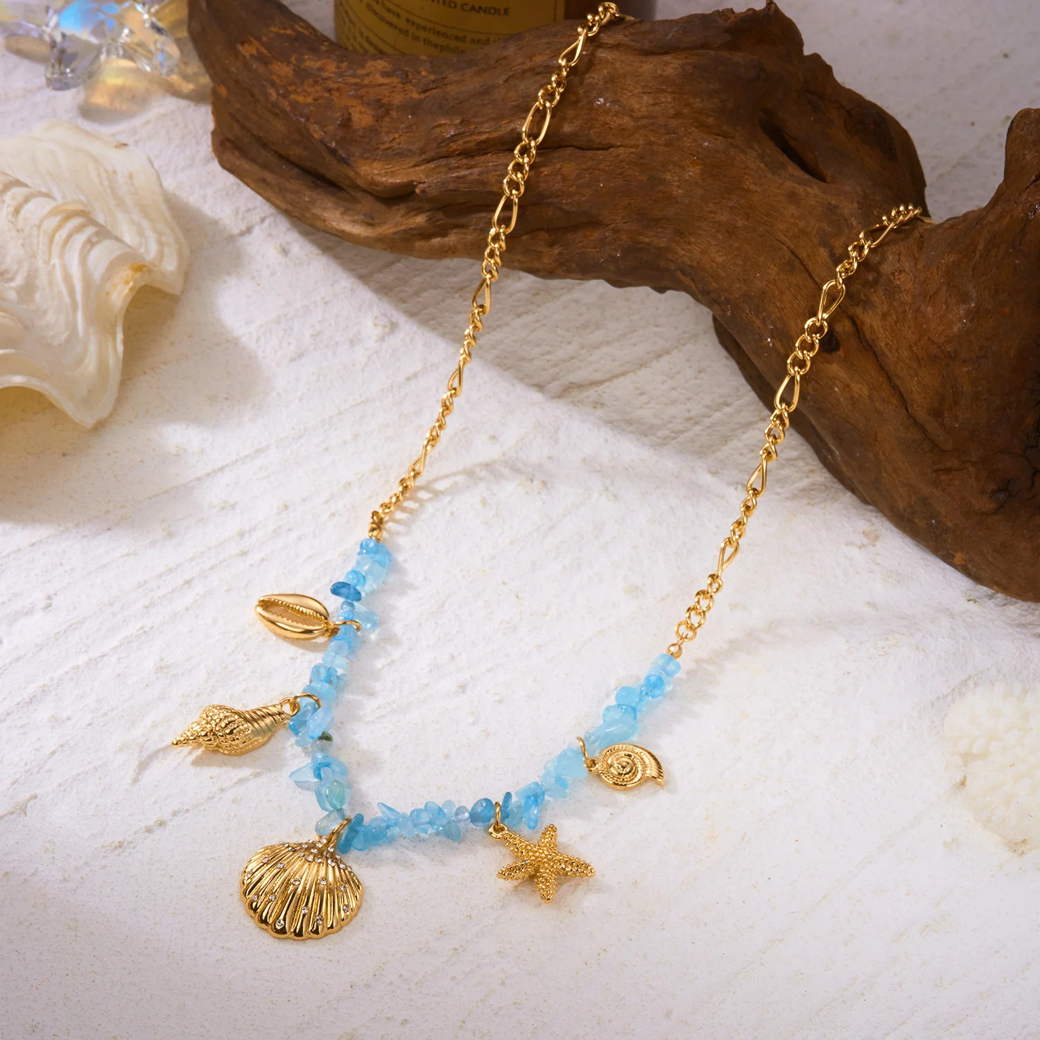 Light Blue Shell Starfish Conch Pendant Necklace for Women Summer Vacation Style